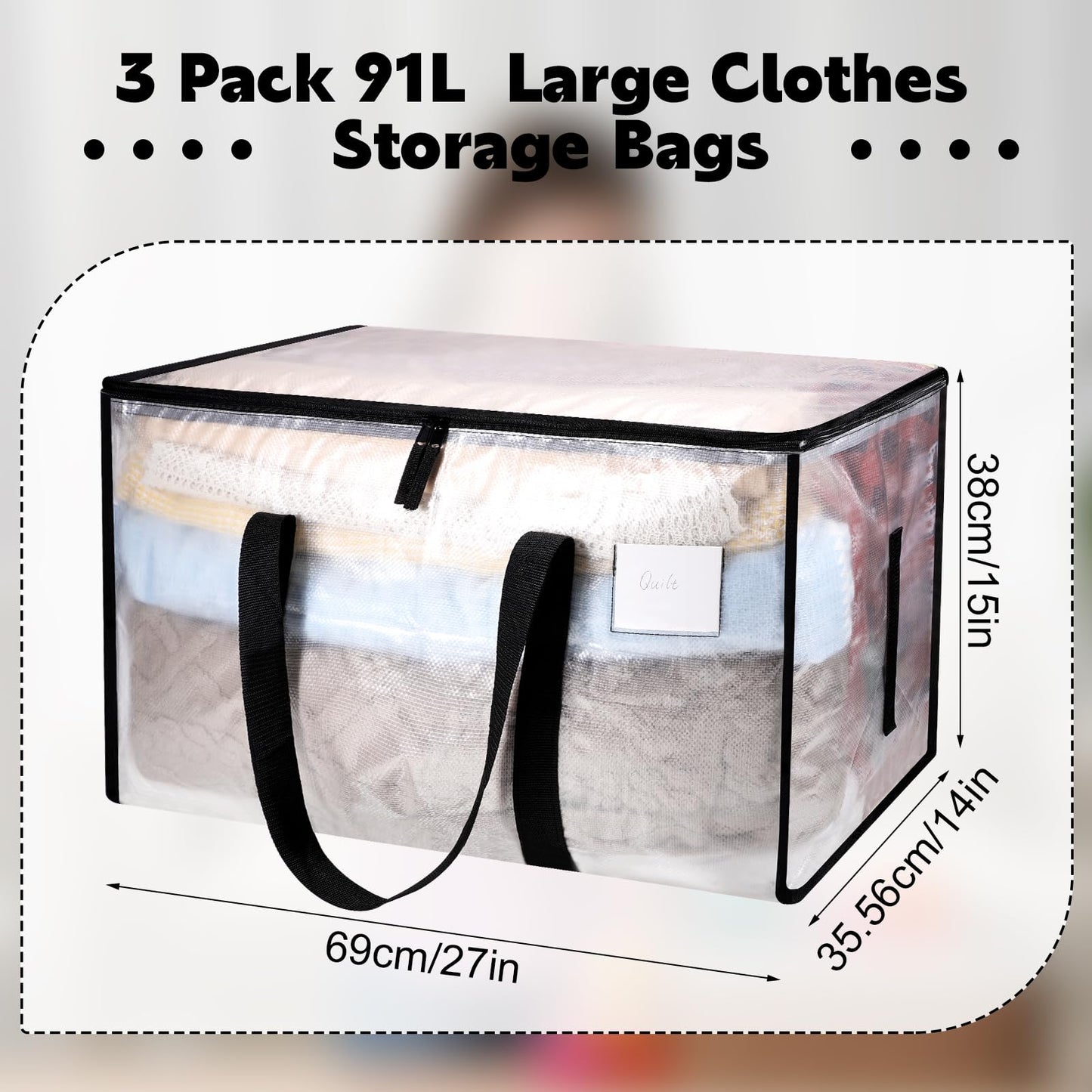 Yafe 3 Pack Large Clothes Storage Bags with Lids, 91L Clear Moving Boxes