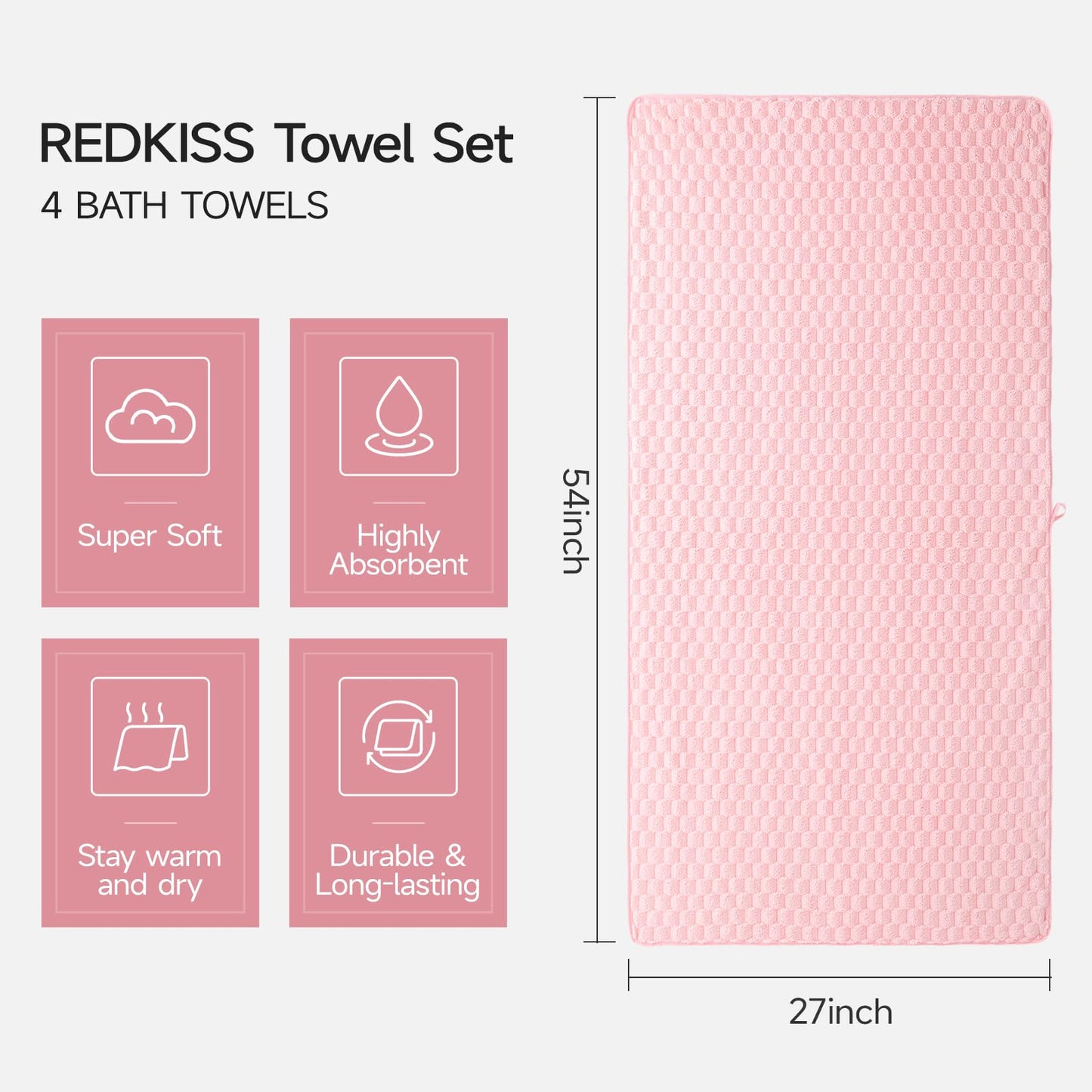 REDKISS 4 Pack Multicolor Microfibre Bath Towels - 140x70cm Large Waffle Towel Set for Bathroom, Ultra Soft Microfiber Towel Sets