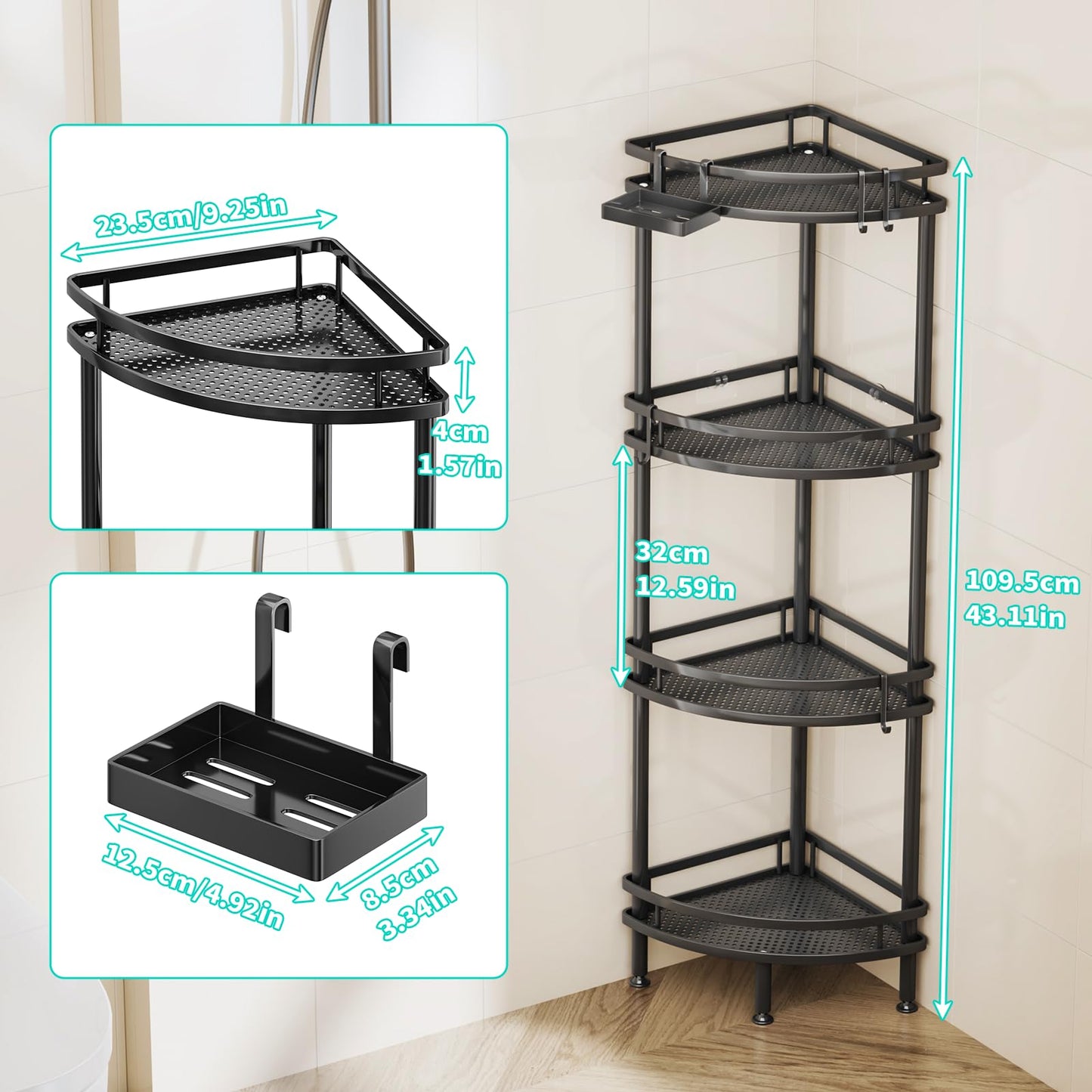 HapiRm Freestanding Shower Caddy Corner - 3 Tier Adjustable Feet Shelves