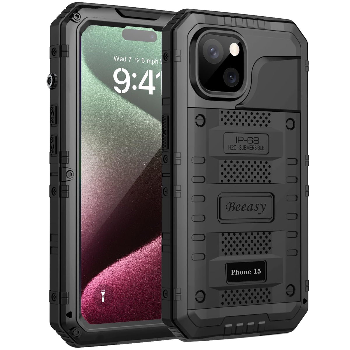 Beeasy for iPhone 15 Case Waterproof Heavy Duty Tough Metal Armour Cover Shockproof Dustproof Built-in Screen Protector, Robust 360 Full Body Military