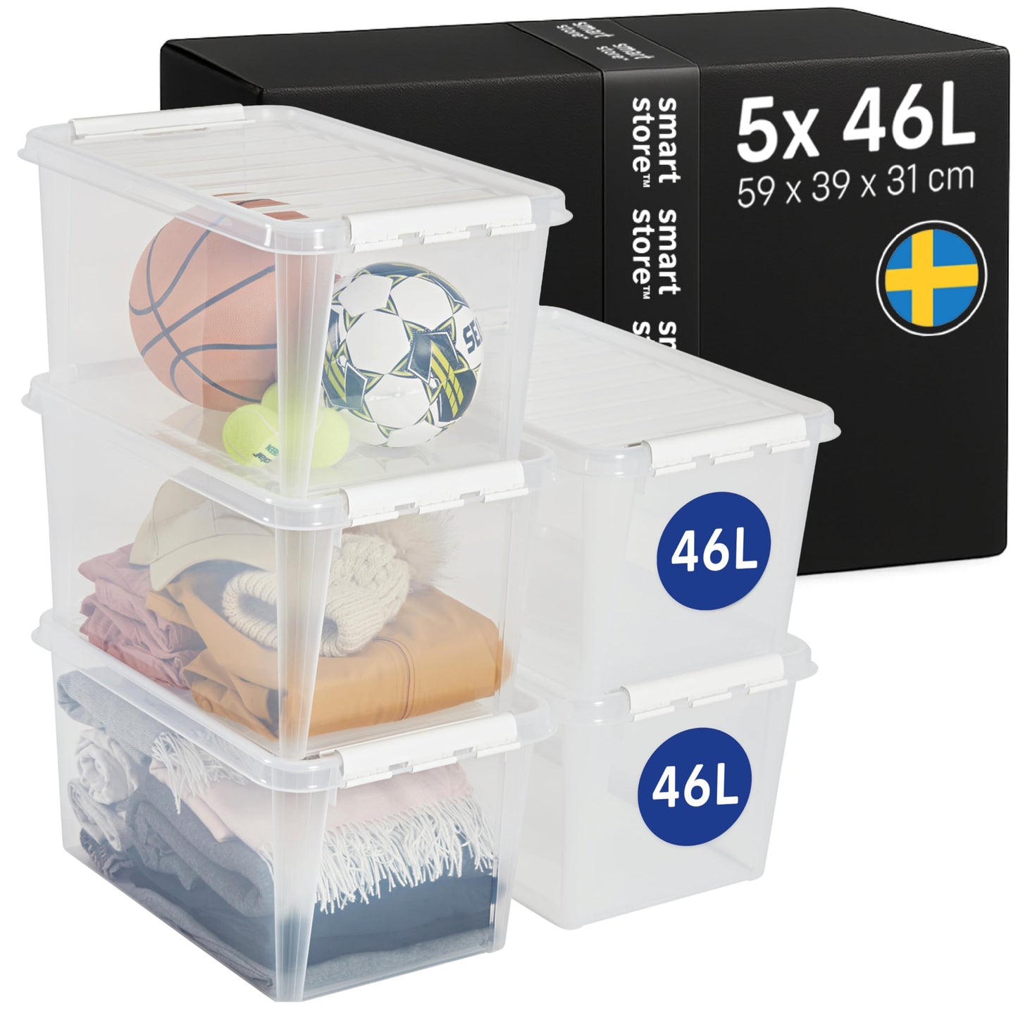 SmartStore - 5x Plastic Storage Box with Lid Classic 46L (59x39x31cm) |Plastic Storage Drawers with Lid|Food-Safe Material|Kitchen &