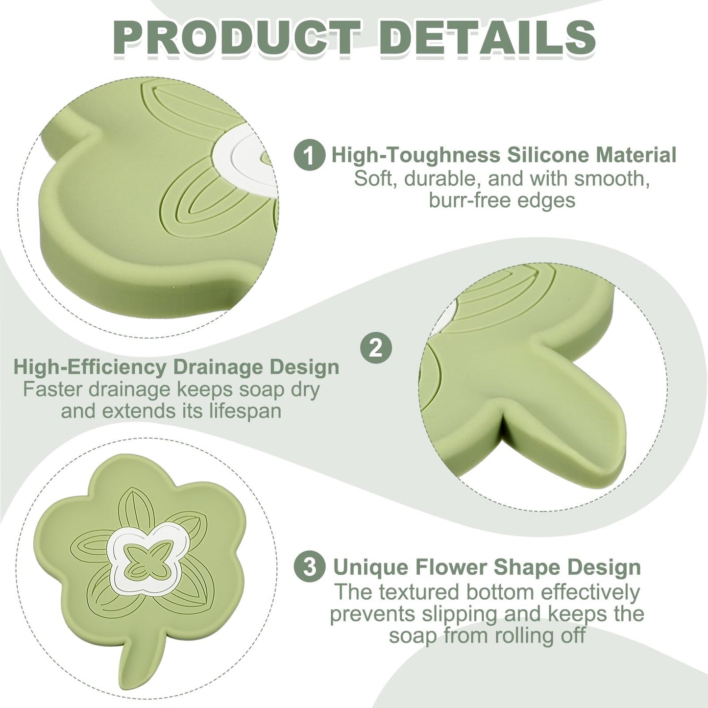 sourcing map Silicone Soap Dish with Drain Spout, Portable Self Draining Flower Shape Soap Saver Holder for Bathroom Kitchen Sink, Green