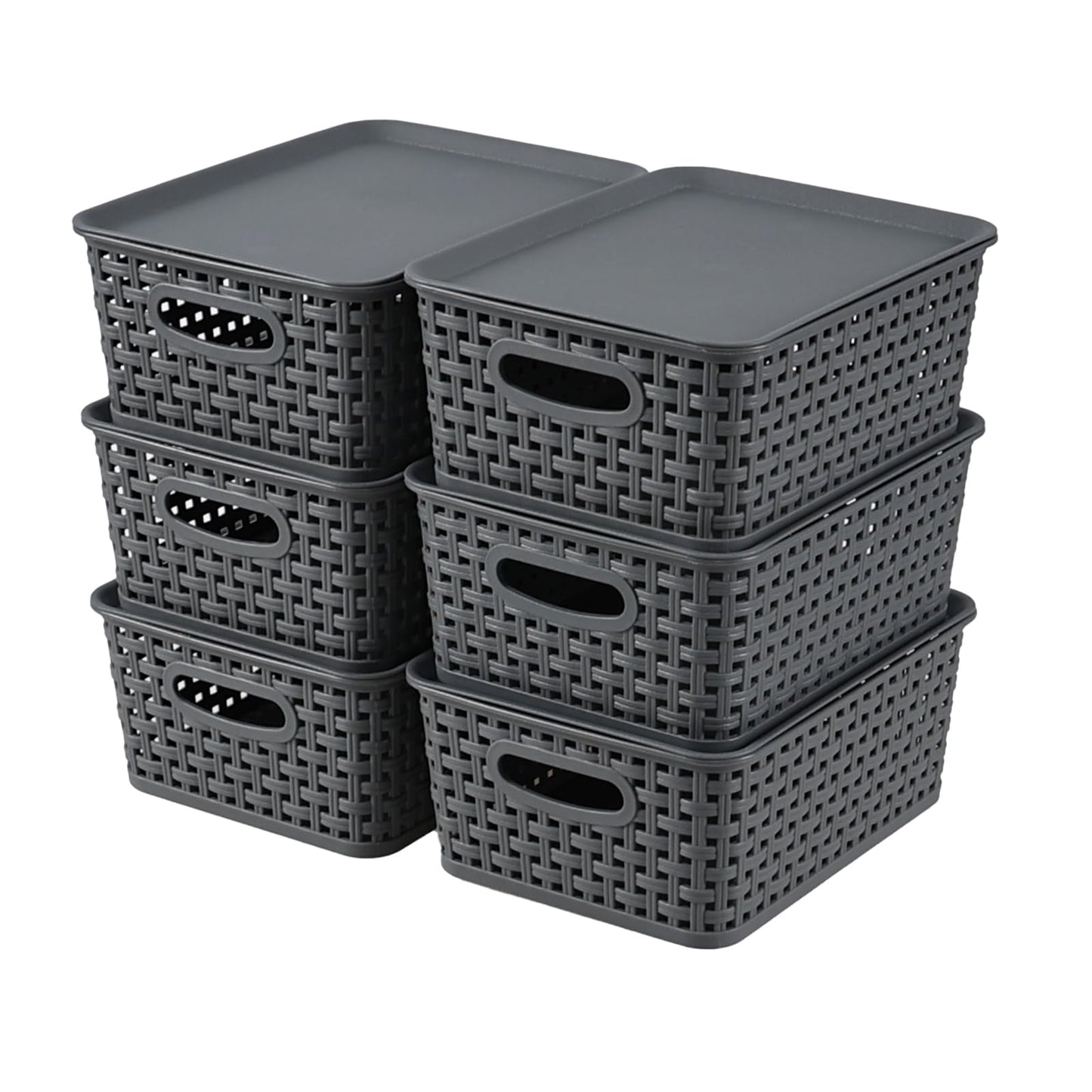 Bringer 6 Pack Plastic Woven Storage Basket with Lid, Stackable Lidded Storage Bins for Bathroom Kitchen Pantry Classroom, Grey