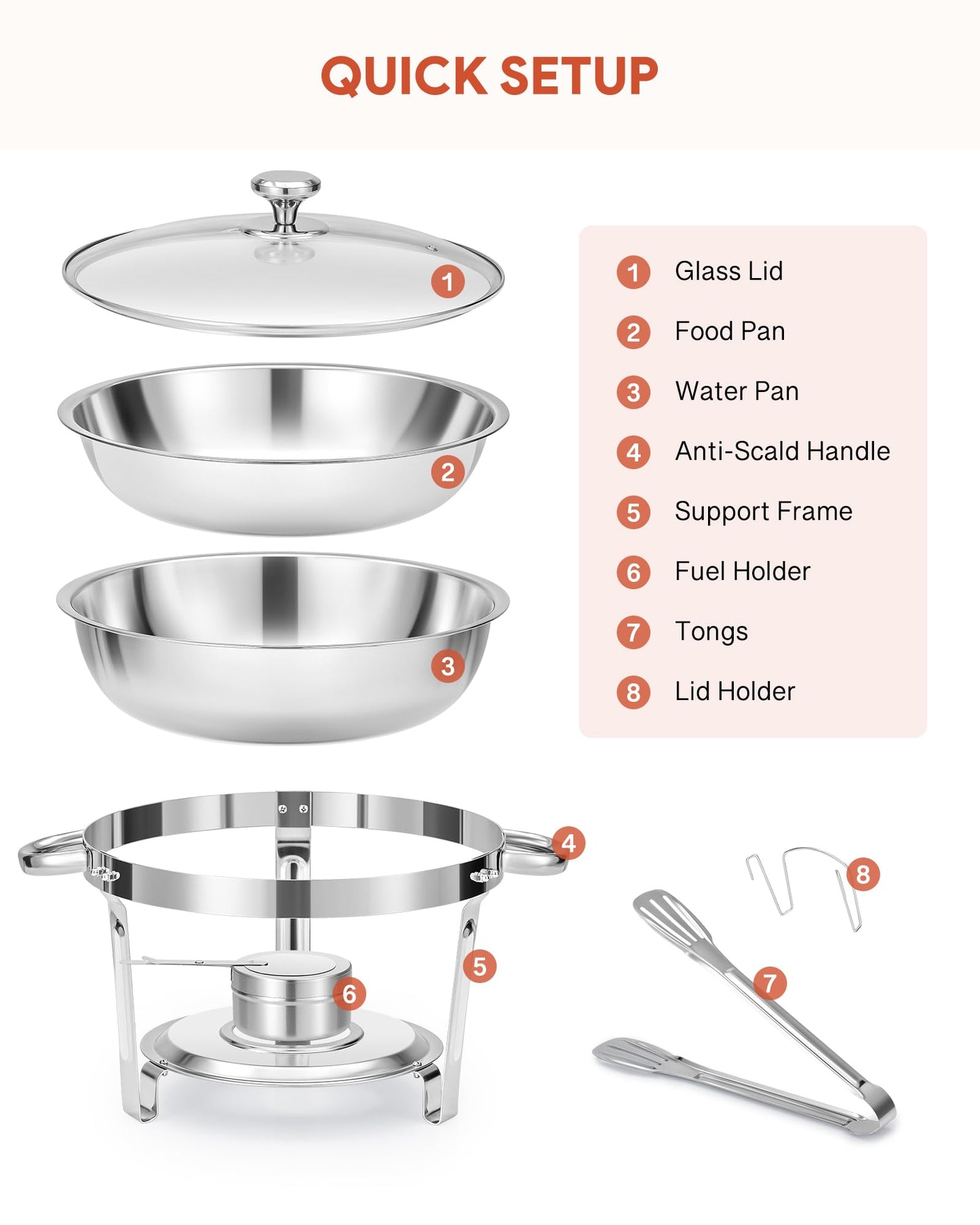 WILPREP Chafing Dish Buffet Set, 2 Pack 4.5L Round Chafers for Catering with Glass Lid & Lid Holder Water Food Pan, Stainless Steel Food Warmers