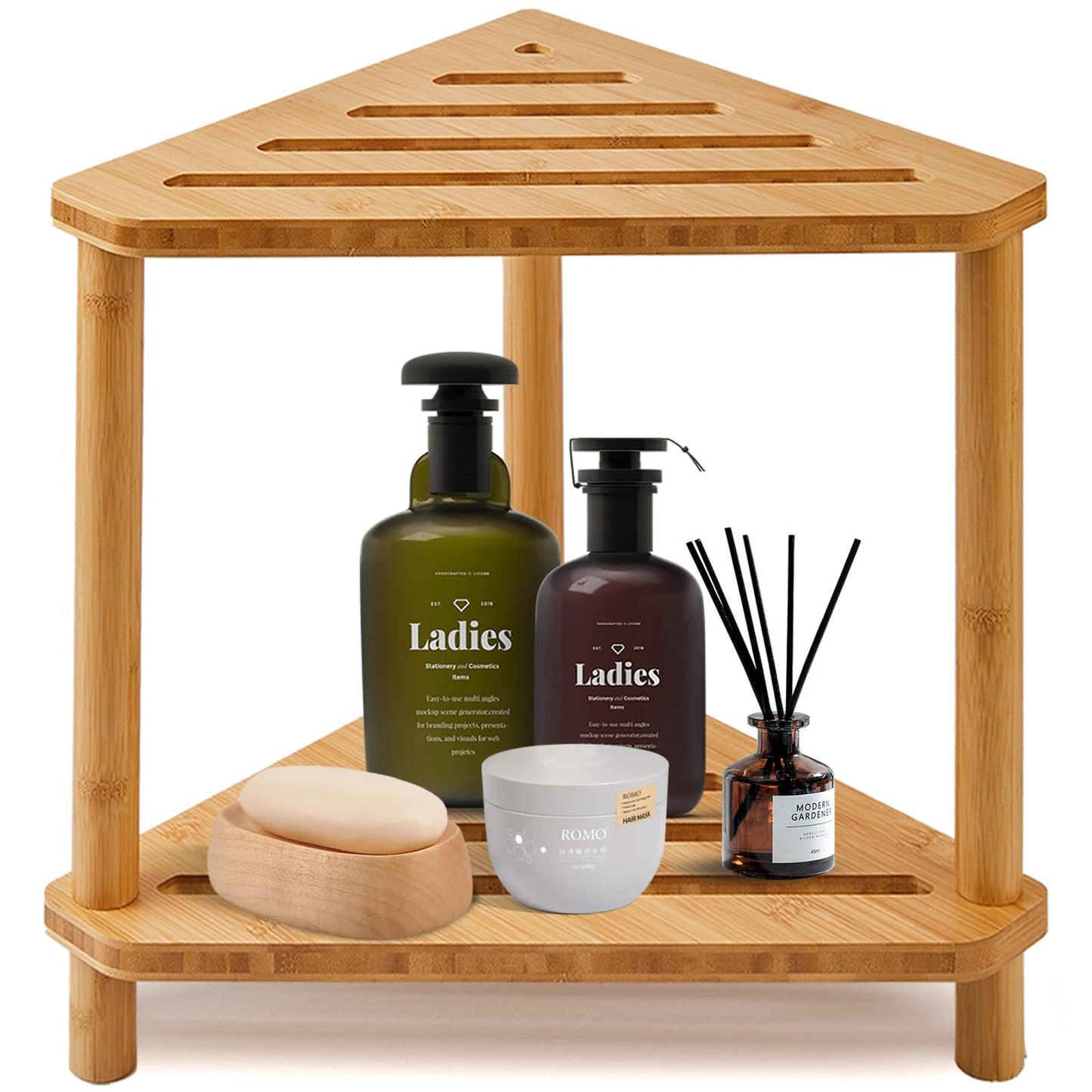 Bamboo Corner Shower Stool,2-Tier Waterproof Shower Stool for Inside Shower Shaving Leg,Small Spaces,Shower Foot Rest with Storage Shelf,Shower
