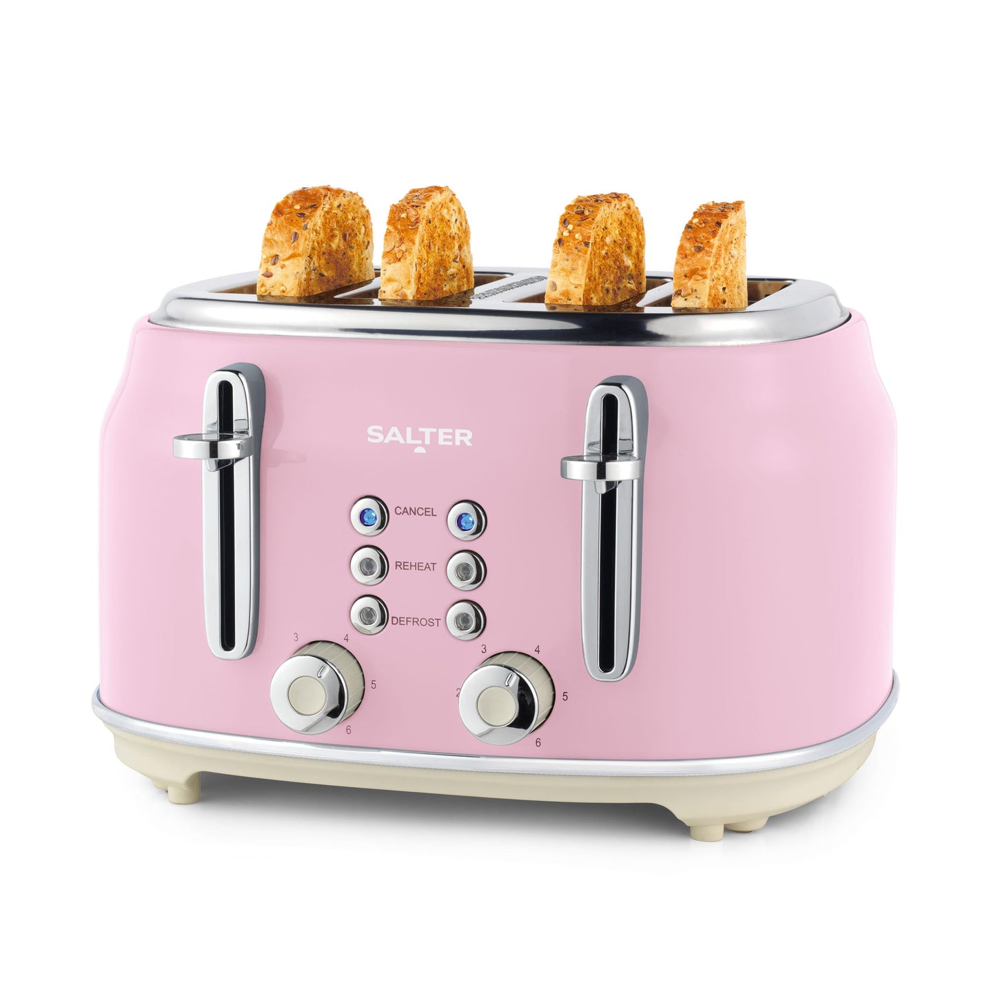 Salter Retro Pink 4-Slice Toaster  Wide Slots, 6 Browning Levels, Defrost, Reheat, Cancel Functions, Removable Crumb Tray, Extra Thick Bread,