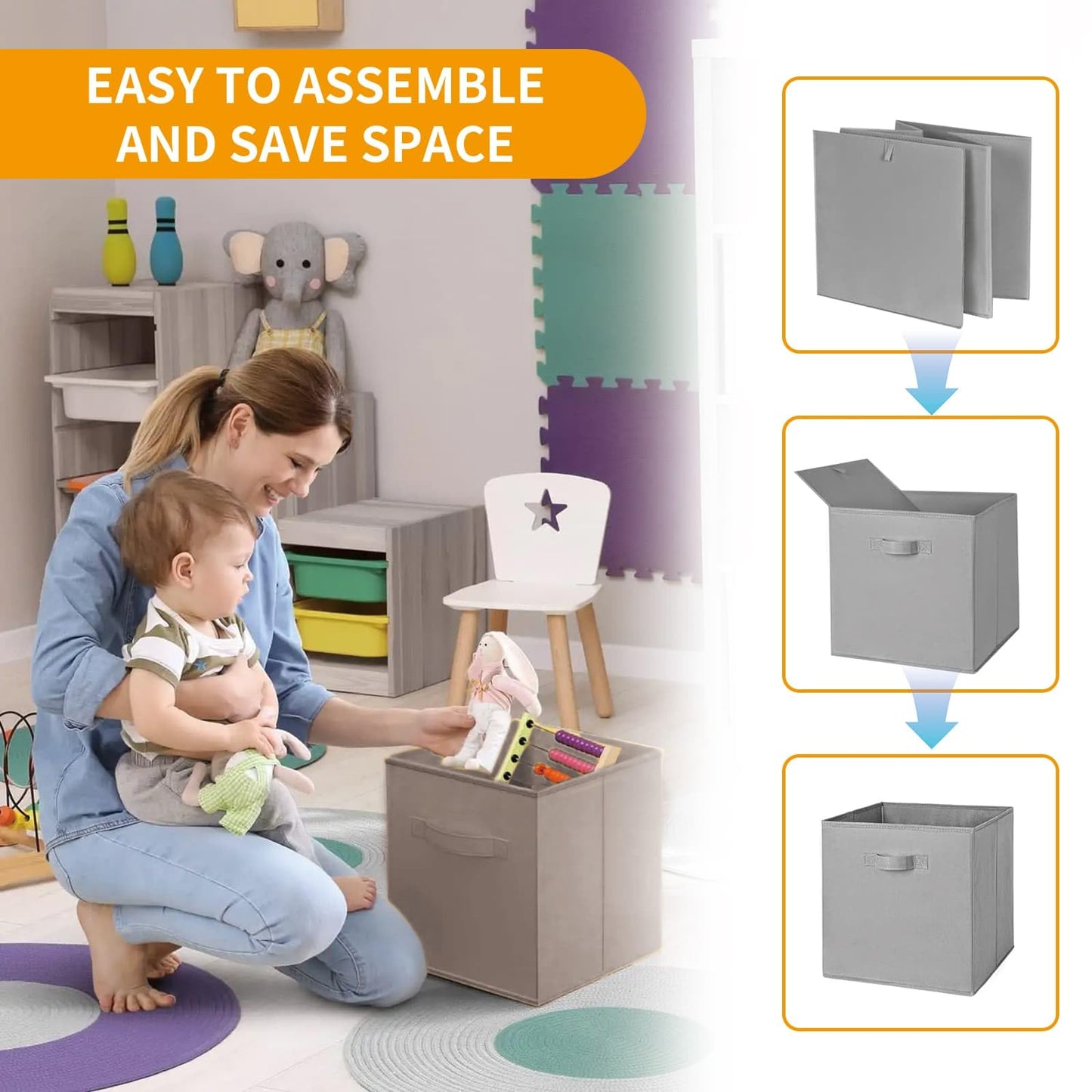 Eidoct Cube Storage Boxes, 6 Pack Foldable Storage Cubes Storage Box | with Handles for Organising Clothes, Grey