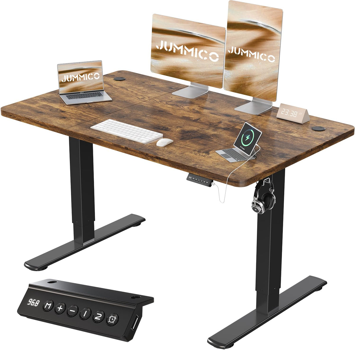 JUMMICO 120x60cm Electric Standing Desk with USB Charging Height Adjustable Desk with Sedentary Reminder Stand Up Desk with Splice Board for Home