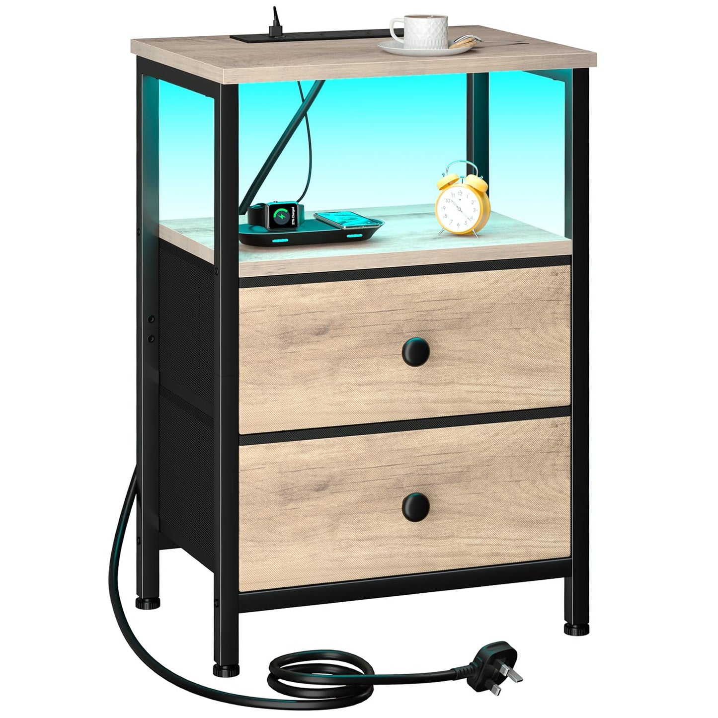 LOAKEKEL Bedside Table, Side Table with Charging Station, Bed Side Table