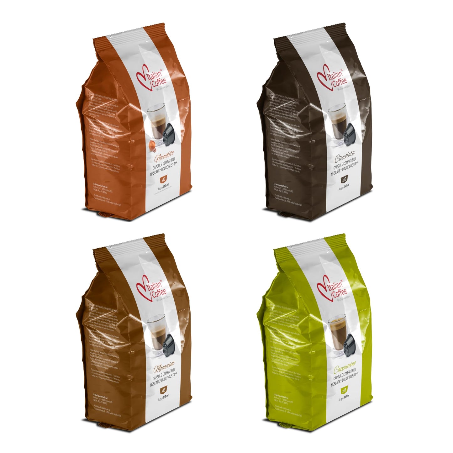 Italian Coffee, 64 Capsules Compatible with Nescaf?? Dolce Gusto? ? Assorted Drinks Bundle, Hazelnut, Cappuccino, Chocolate, Mocaccino, Four Caf?
