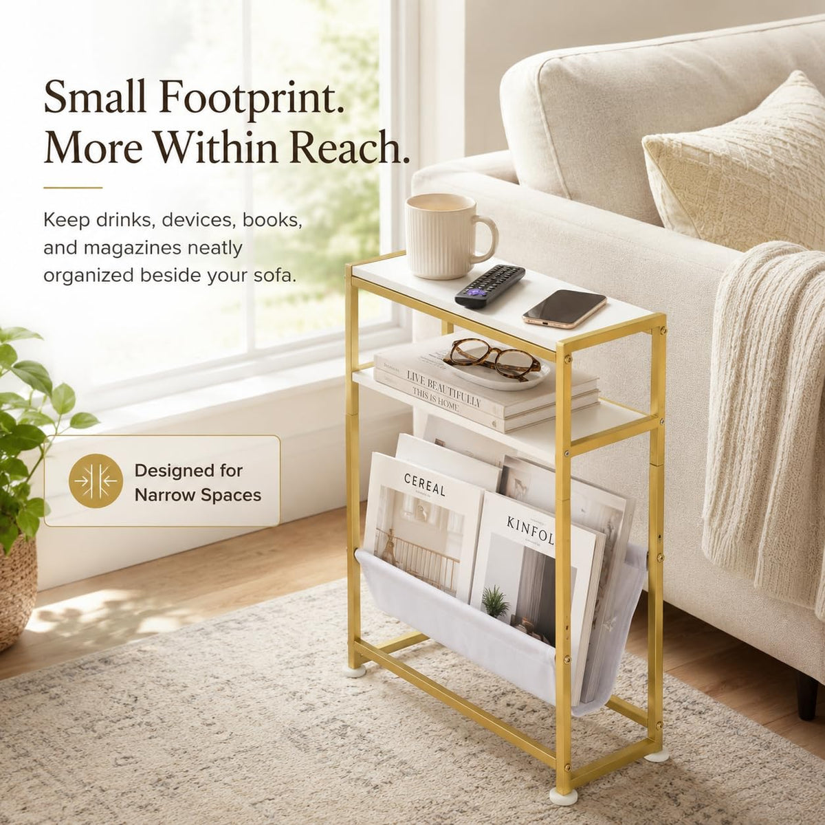 ZEXVIDA Small End Table for Small Spaces - Slim Side Table with Magazine Holder,2 in 1 Design Narrow End Table Living Room,Skinny Bedroom Nightstand