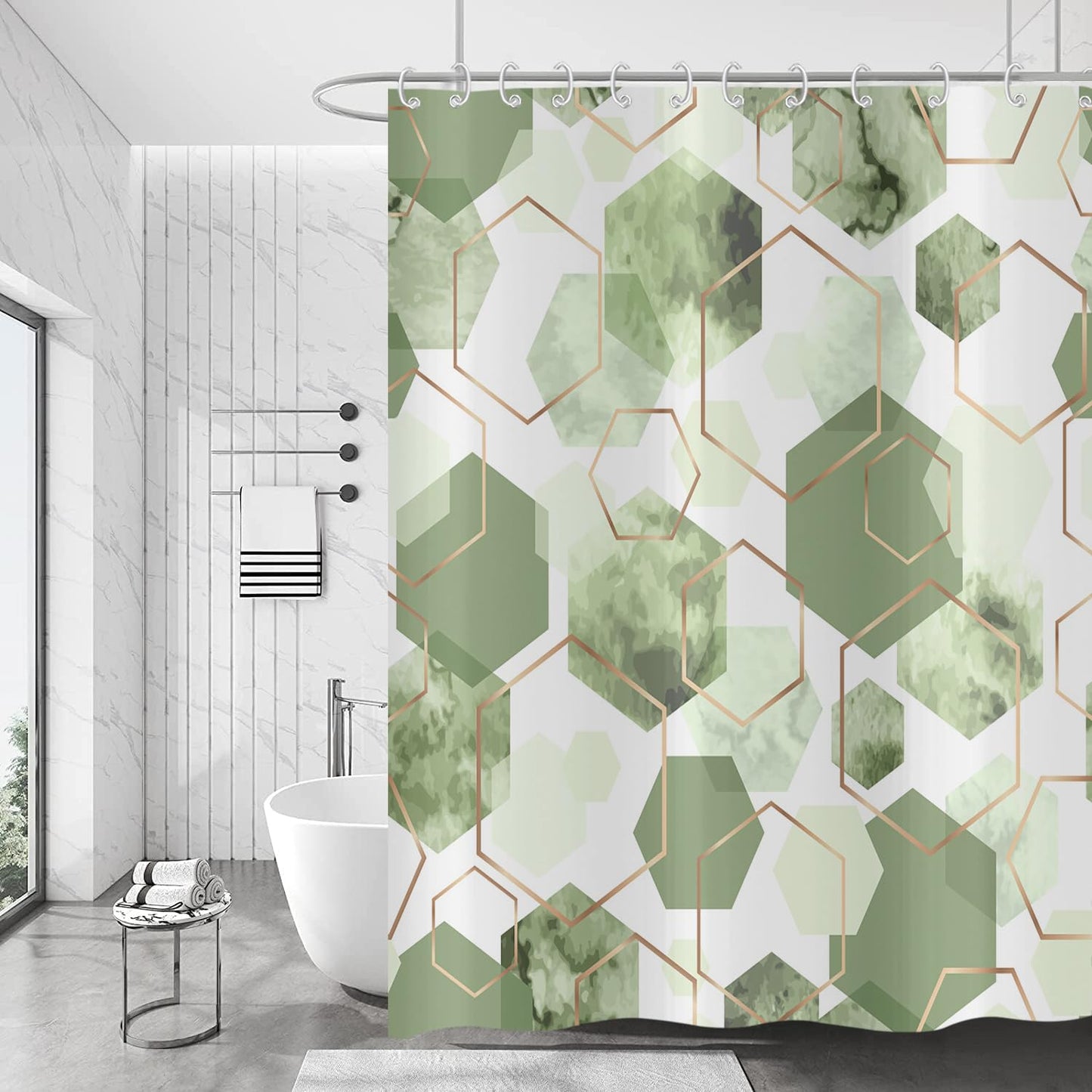 Hnmdmyi Sage Green Shower Curtain 180x200, Modern Geometric Hexagon Abstract Art Bathroom Curtains Waterproof Polyester Fabric Washable Bath Curtains