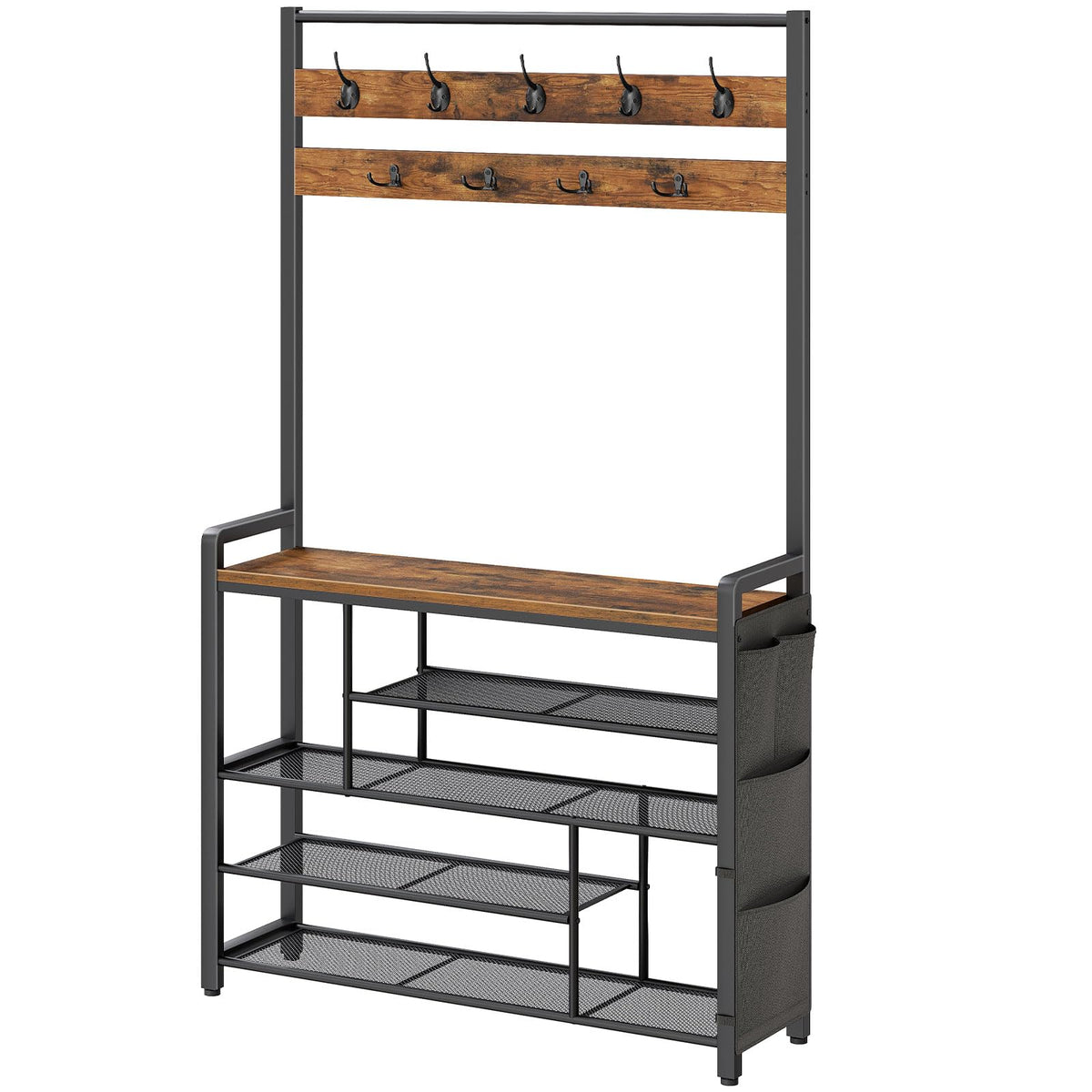 HOOBRO Coat Rack with Shoe Storage, 5 Tier Shoe Rack with Coat Rack, Shoe Storage Organizer with 9 Coat Hooks and 3 Oxford Fabric Side Pockets