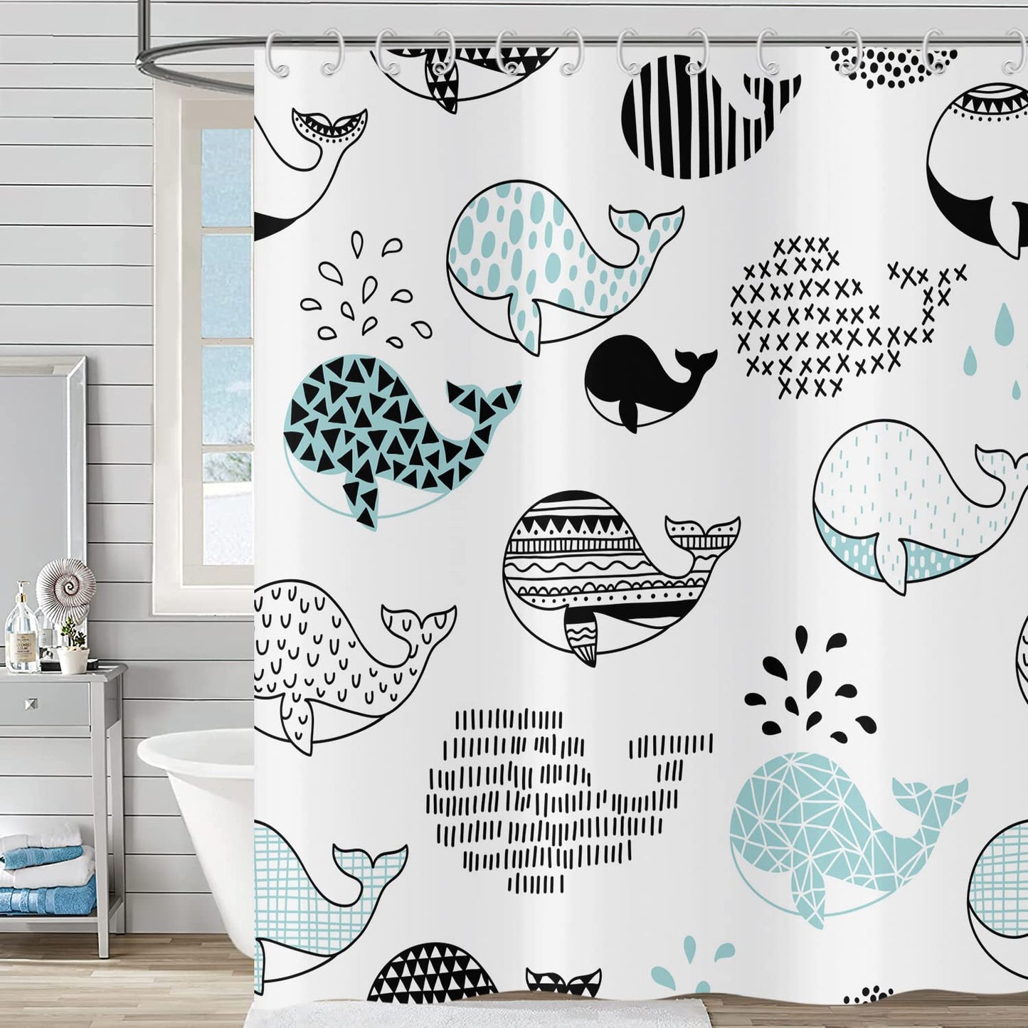 Hnmdmyi Funny Shower Curtain 180x200, Cartoon Whale Shower Curtains Cute Ocean Animal Abstract Black Blue Fish Kids Bathroom Curtains with Hooks