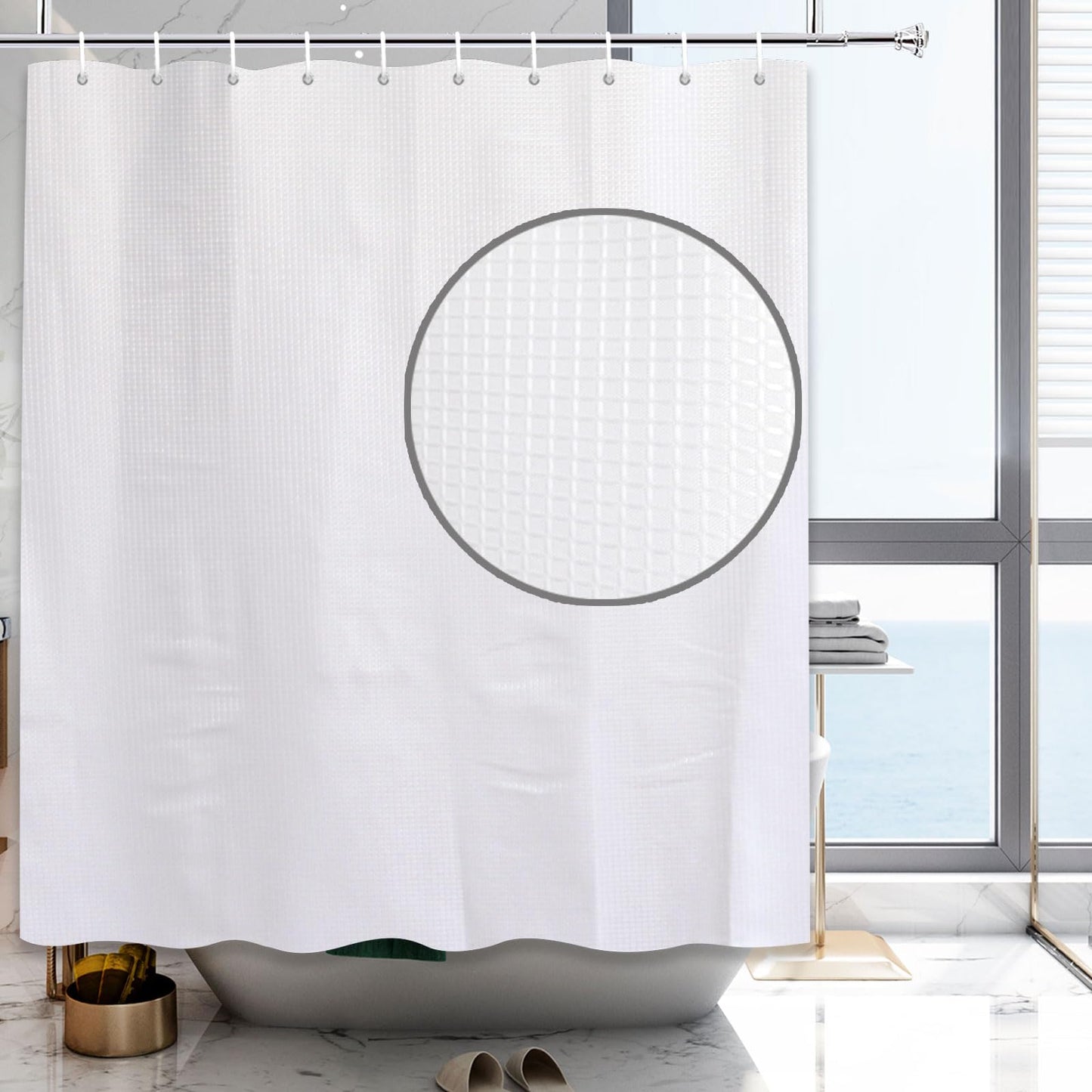 YISURE Extra Long White Waffle Shower Curtain, 240cm Drop, Waterproof Fabric with Hooks 71"x94"