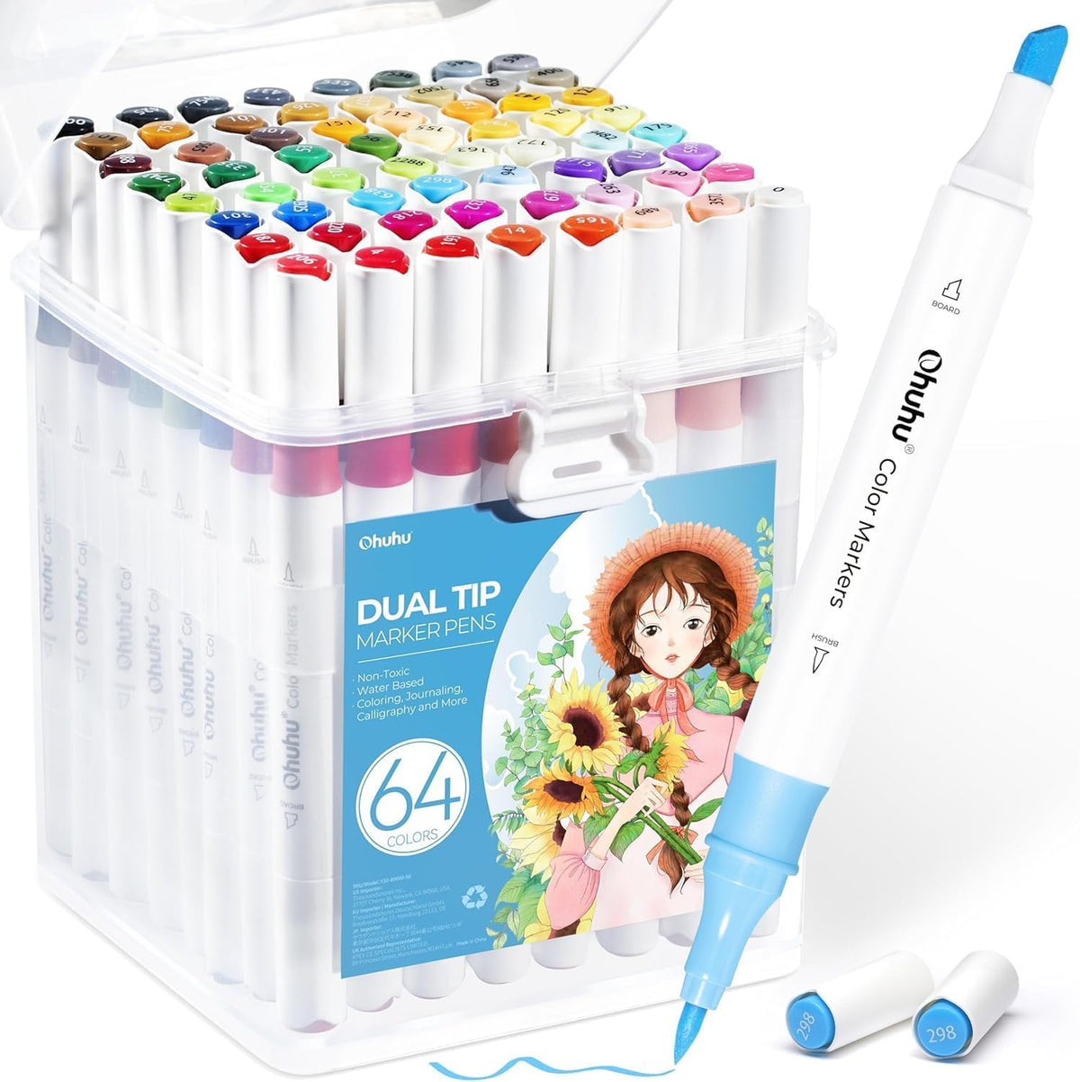 Ohuhu 64 Colours Water-Based Dual Tip Markers ? Chisel & Brush Pens for Adult Colouring Books, No Bleed, Odourless & Non-Toxic, Ideal for Beginners