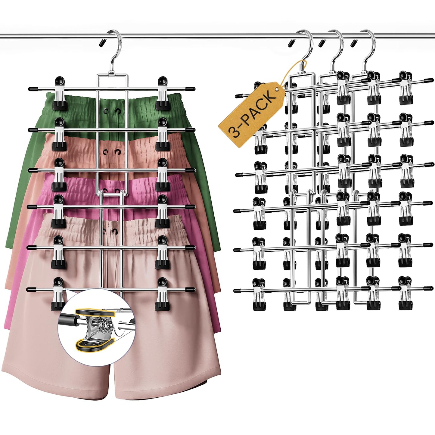 DAMITA Skirt Trouser Hangers with Clips Space Saving Hanging Closet Organizer 6 Tiers Multi Hanger with 360° Swivel Hook
