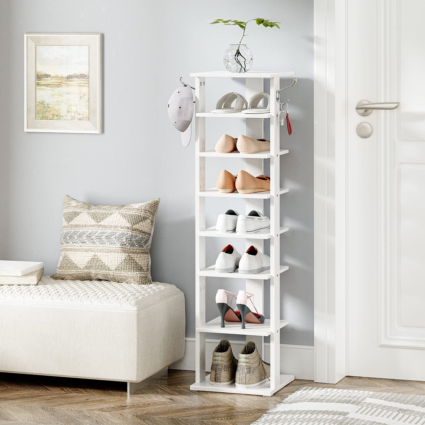 HOOBRO Shoe Rack Wooden, White Shoe Shelf, Tall, Narrow Shoe Storage Organizer with 2 Hooks, Vertical Shoe Tower for Entrance, Living Room, Hallway