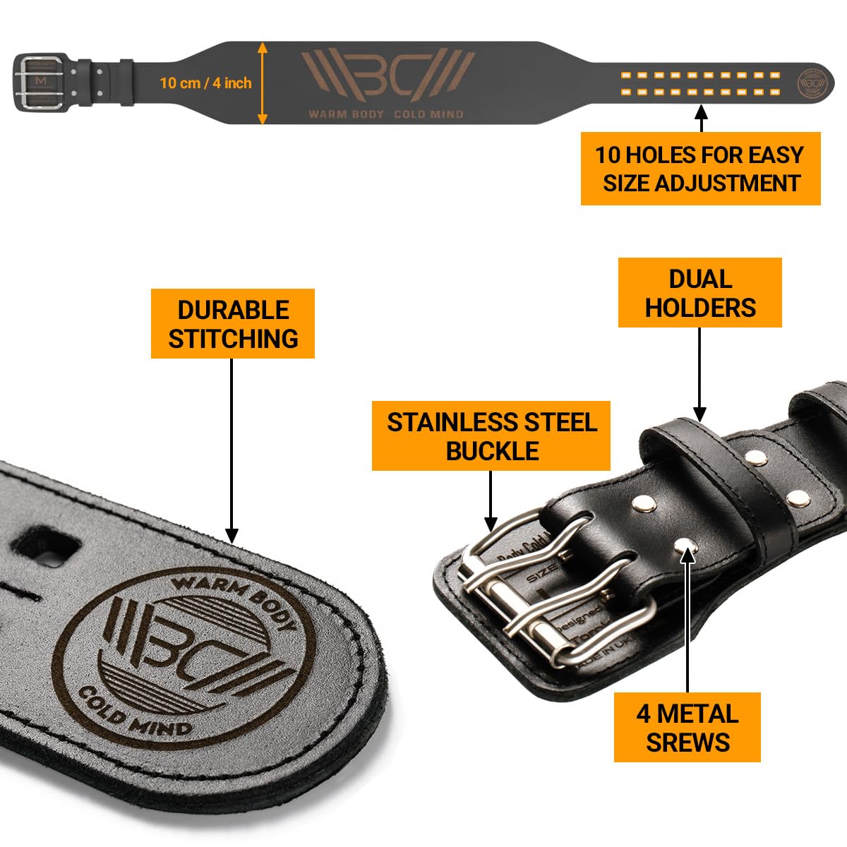 WARM BODY COLD MIND Weight Lifting Belt 4" - 100% Leather, Approved for Olympic Weightlifting, Waist/Back Support for Men Women, Powerlifting Gym