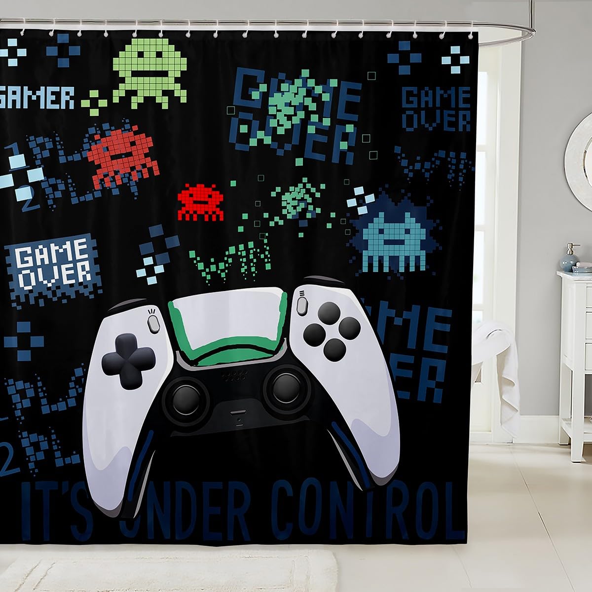 Gamer Shower Curtains for Boys Room Decor, Gaming Shower Curtain Set 72x94 Inch, Kids Teens Video Games Shower Curtain with Hooks, Youth Design