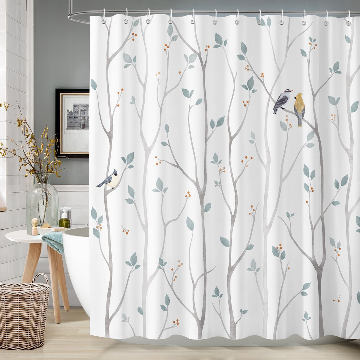 Dazzlewall Winter Forest Shower Curtain Blue Grey Tree Leaves Birds Bathroom Curtain 180 x 180 cm, Waterproof Mildew and Mould Resistant Fabric with