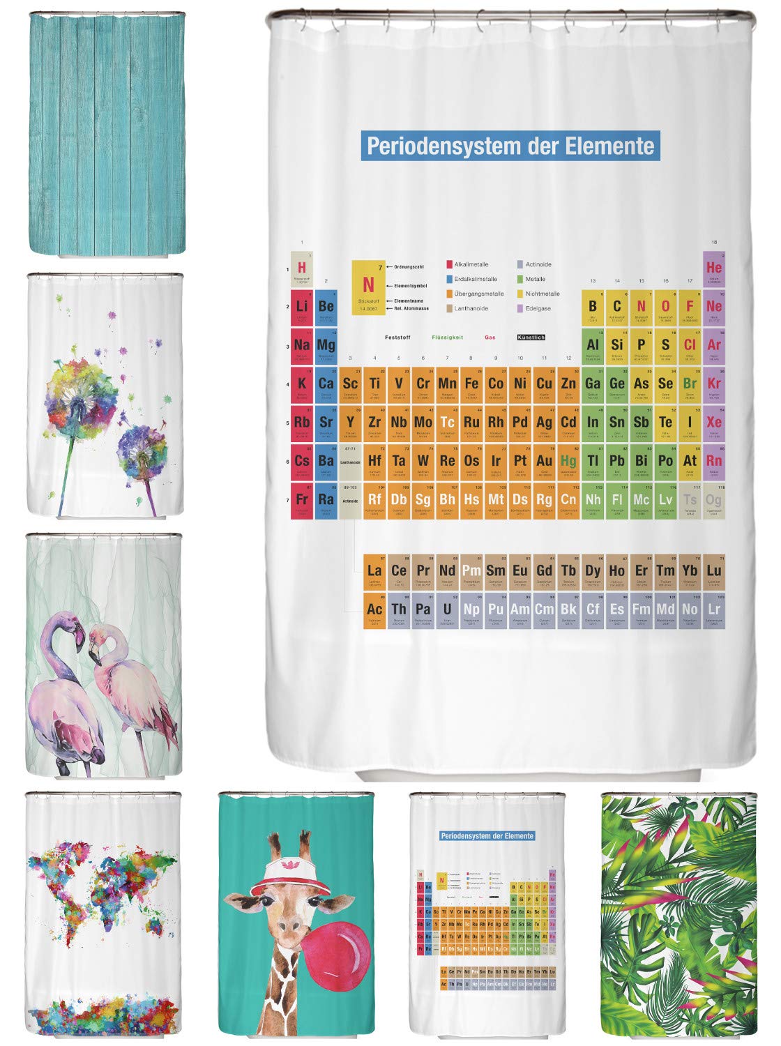 arteneur® - Periodic Table German Shower Curtain - Anti-Mould Shower Curtains 120 x 200 cm with Oeko-Tex Standard 100 - Weighted Hem, Waterproof