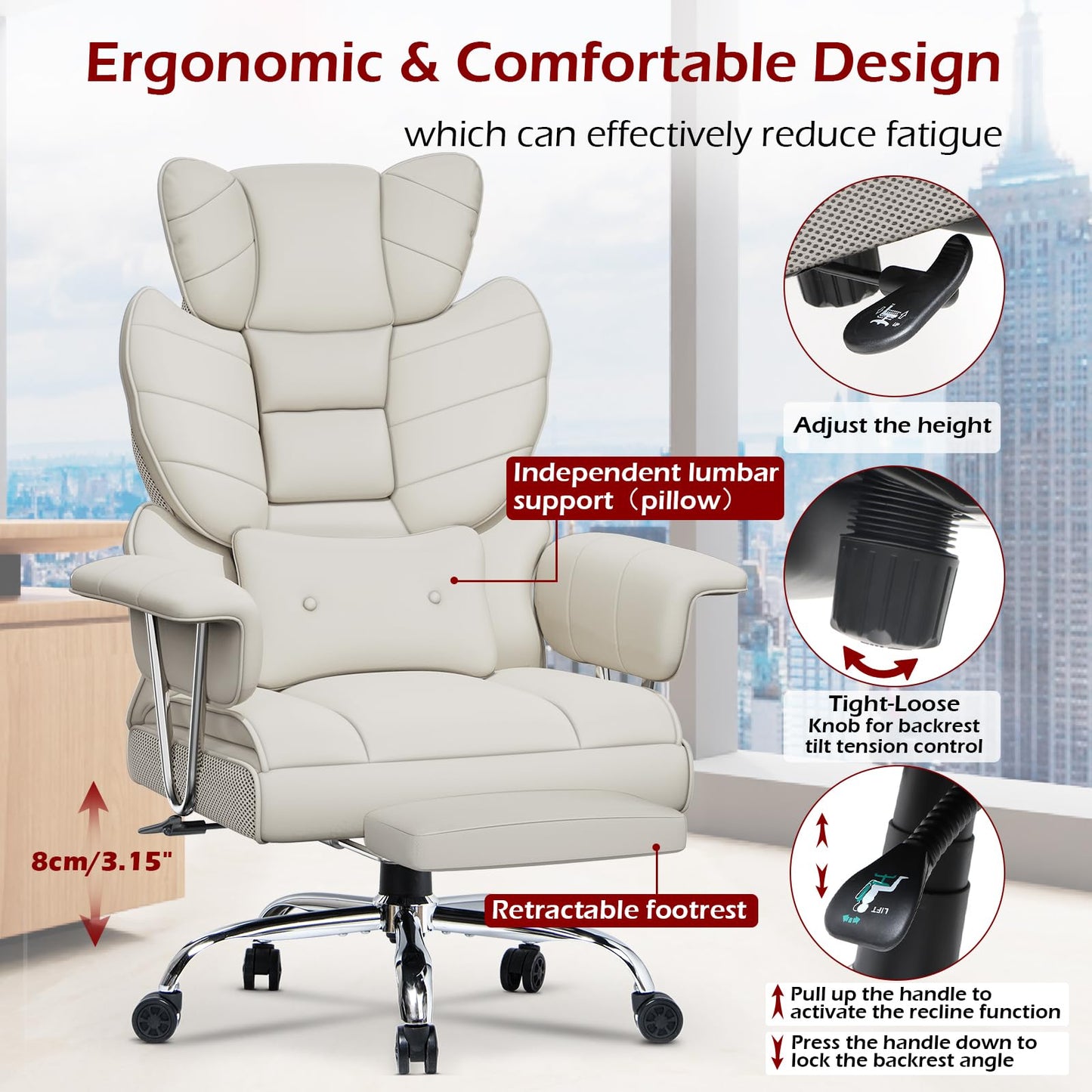 naspaluro High Back PU Leather Ergonomic Computer Recliner, Big Tall Executive Desk Office Chair with Armrests/Footrest