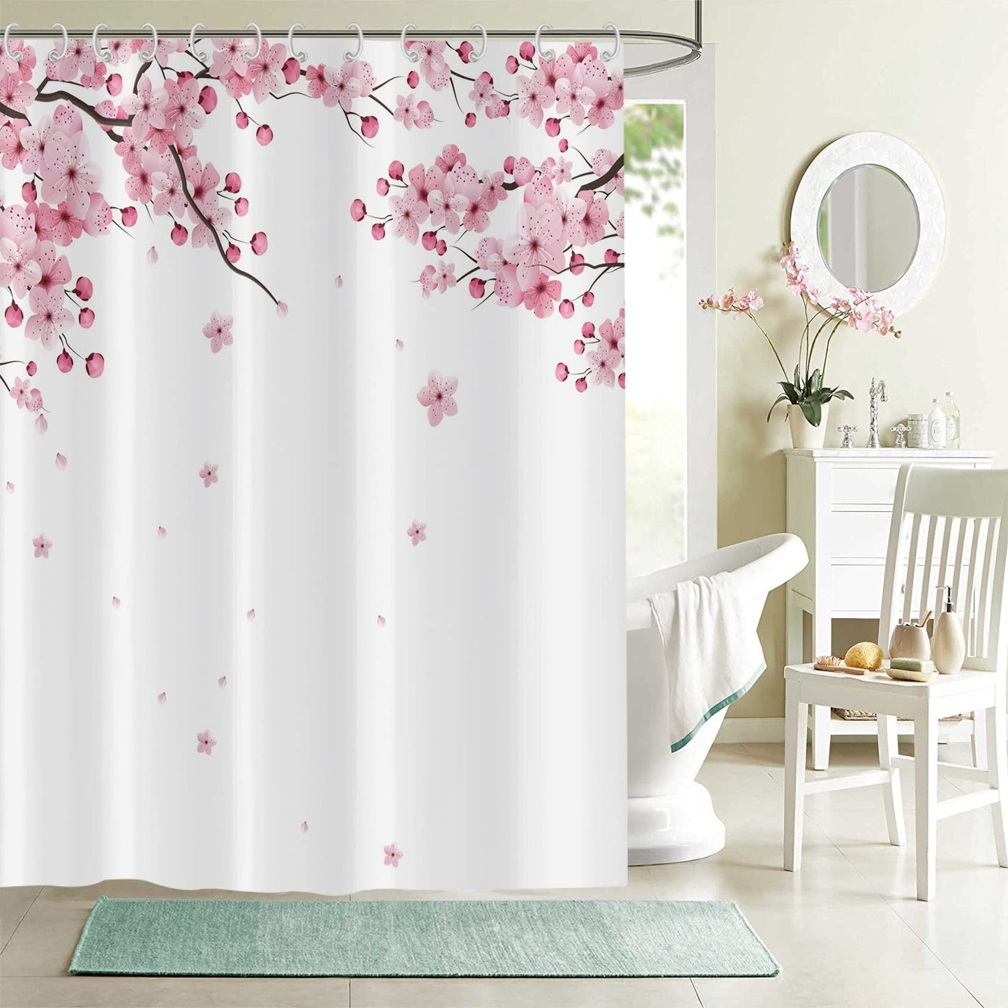 Hnmdmyi Cherry Blossom Shower Curtain 180x200, Pink Floral Shower Curtains Japanese Asian Style Sakura Art Bathroom Curtains with Hooks Waterproof