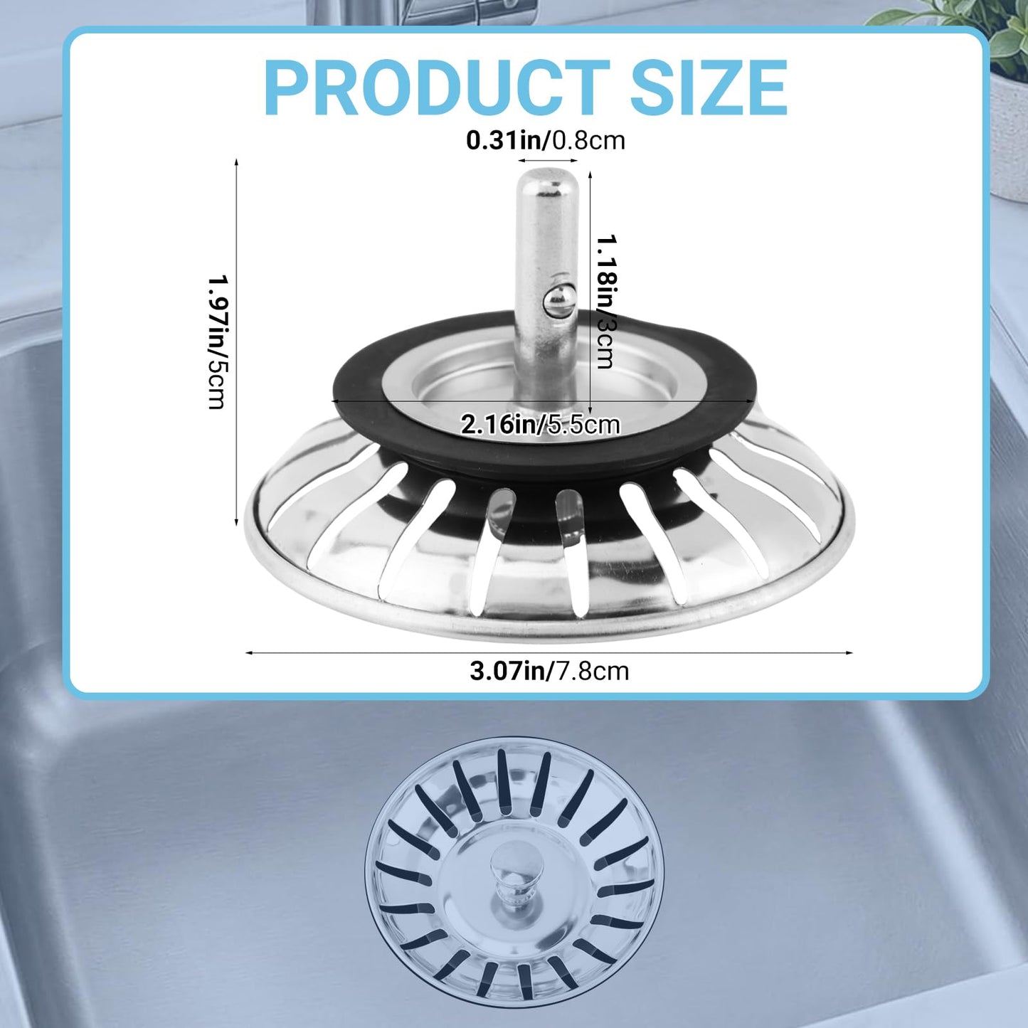 78mm Sink Plug Strainer for Kitchen with Leakproof Rubber Seal | Universal UK Stainless Steel Replacement Basket Filter for Food Waste & Hair Catcher