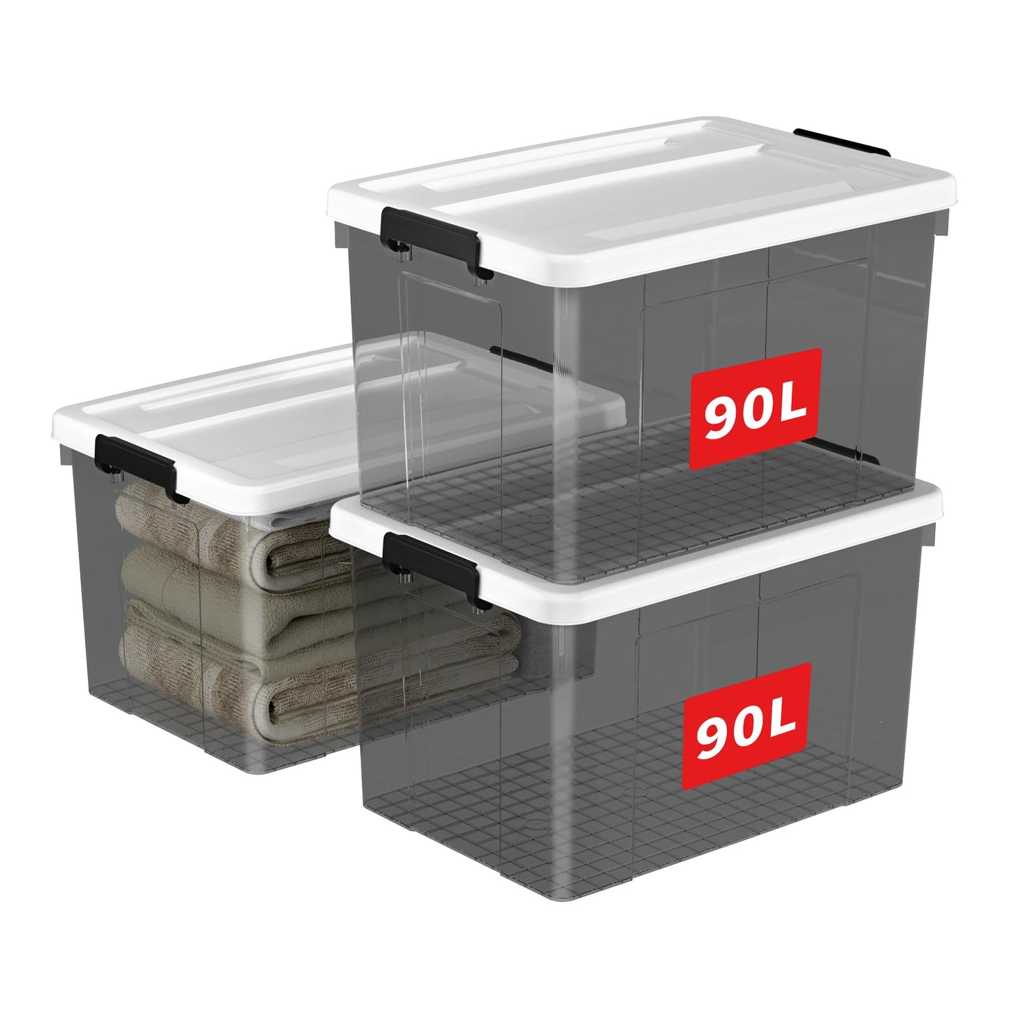 Cetomo 90L*3 Storage Boxes, Plastic Storage Box with Lids, Organizing Container with Secure Latching Buckles, Stackable, Nestable