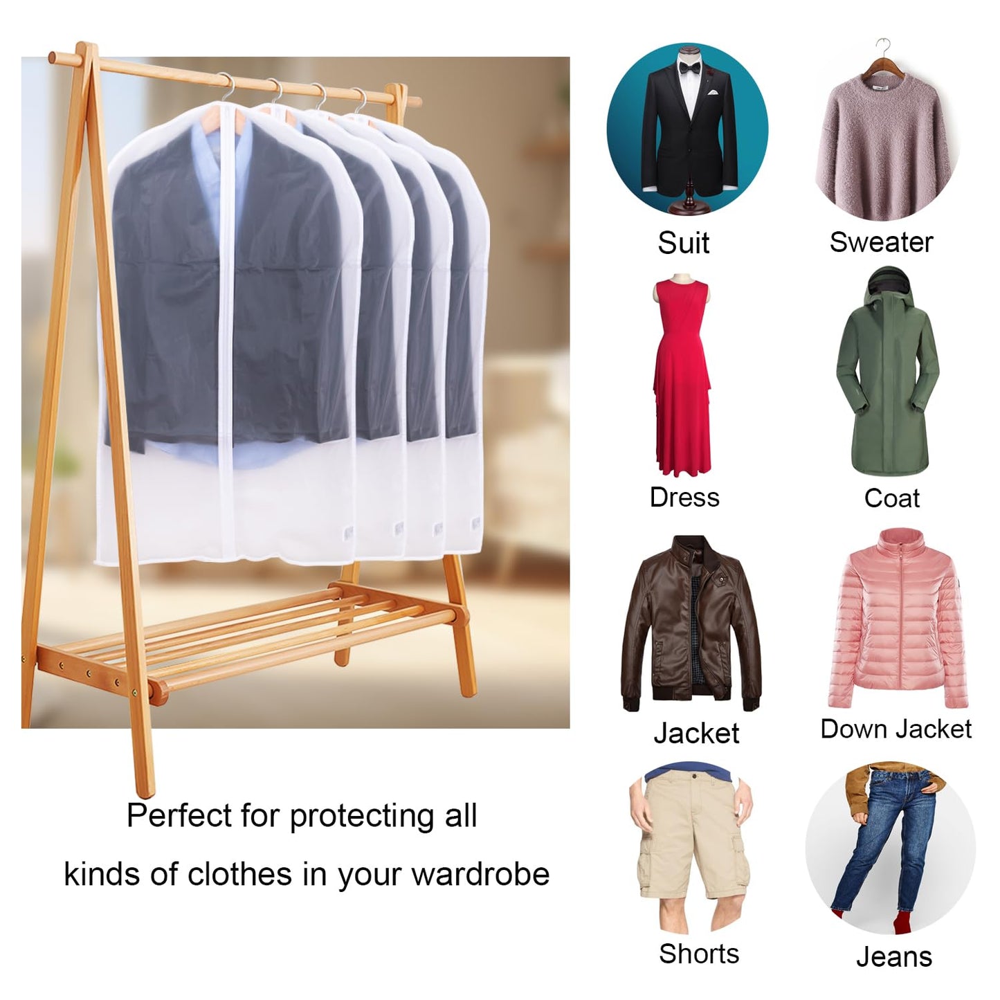 Niviy Clothes Covers Protector Bags Garment Covers Dustproof Moth Proof Coat Bag with Zip PEVA Translucent Suit Cover Waterproof Anti-mite Breathable