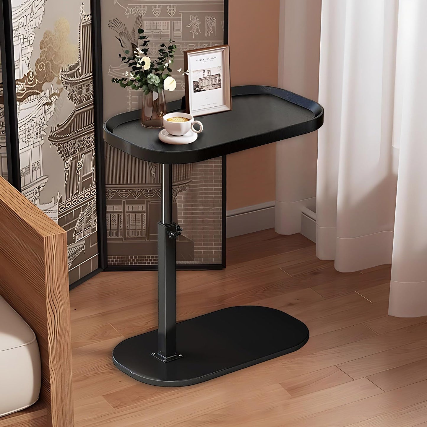 AYES Lifting Side Table 360° Swivel C Shaped End Table - TV Tray Table Narrow Concave Laptop Desk for Living Room Bedroom Bedside Nursing Sofa