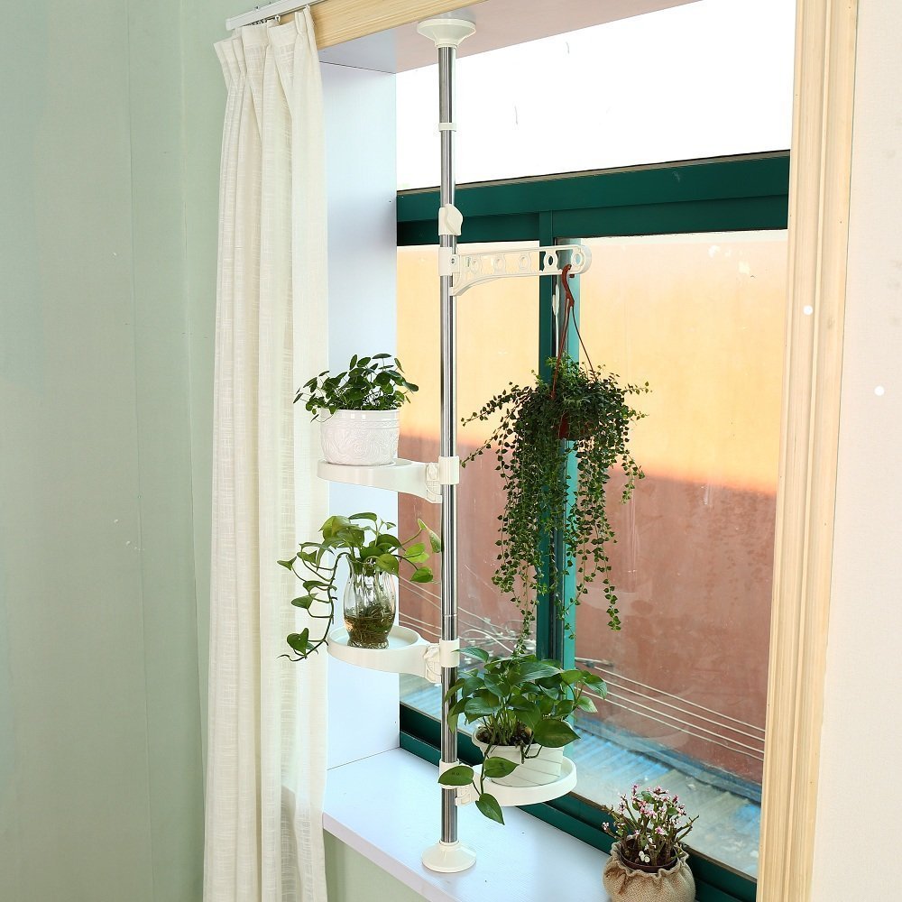 BAOYOUNI Indoor Plant Pole Stand Tension Rod Hanger Window Sill Flower Display Rack Holder Adjustable Corner Vertical Storage Organizer with 3 Trays &