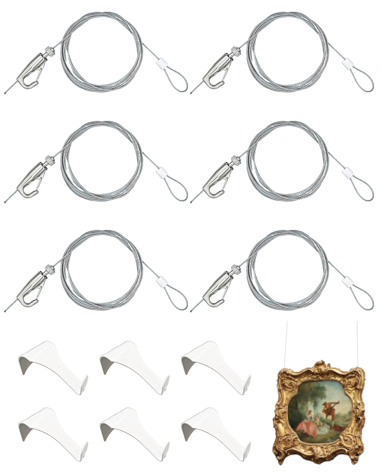 Picture Hanging Kit ? Picture Rail Hooks with 6 of Each White Rail Hooks, 72 Inch Invisible Loop Cord, 6 Adjustable Hooks ? Stainless Steel Picture