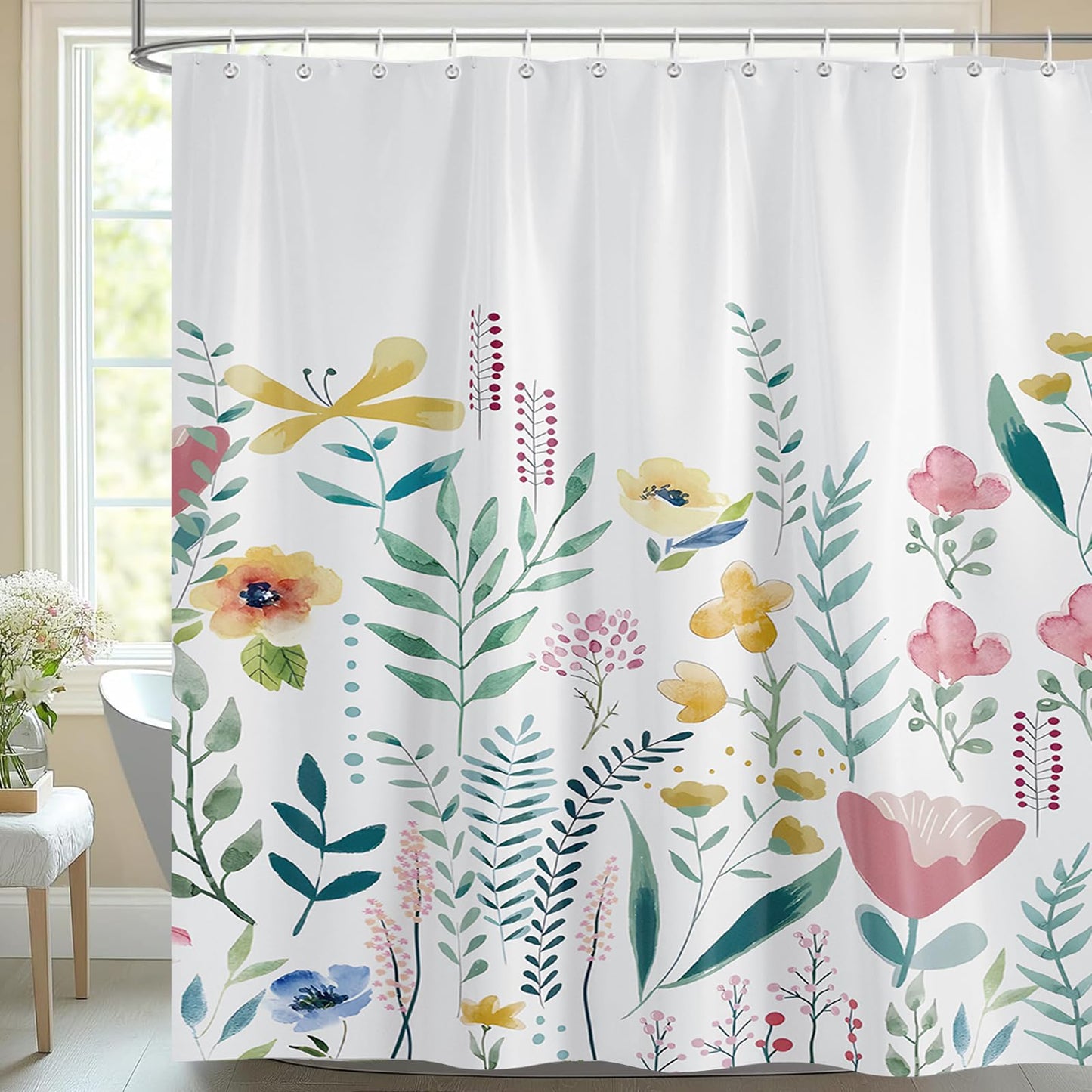 Shower Curtain White Mould Proof Resistant Waterproof Flower Bathroom Curtains with 12 hooks Quick-Drying Weighted 180x180cm (71x71Inch) Polyester