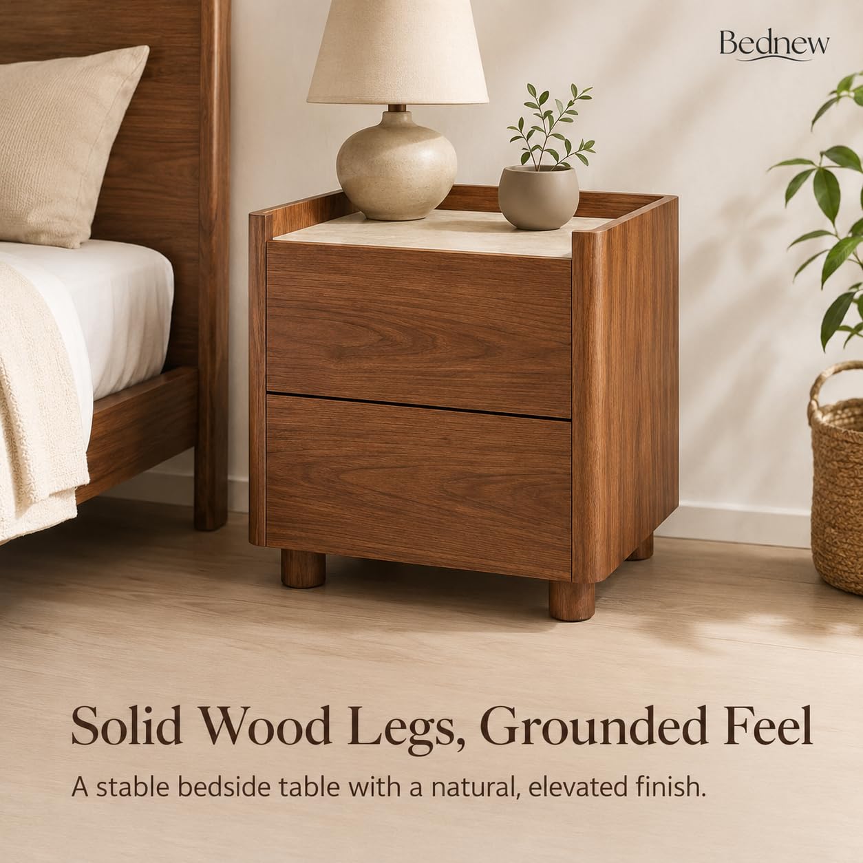 Bedside Table with 2 Drawers, Wooden Bedside Cabinet with Storage