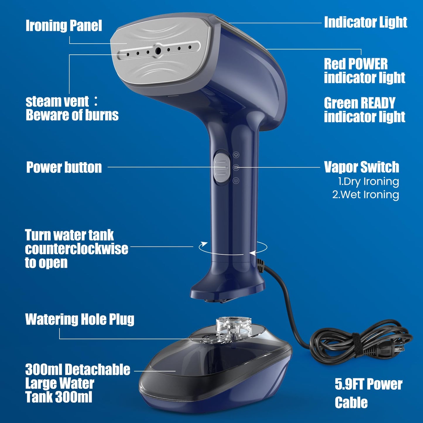 Powerful Handheld Fabric Steamer - 1800W with Fast Ceramic Heat-Up Plate, 2-in-1 Ironing & Wrinkle Remover, Steam Nozzle, Lint Brush - Blue, 220V
