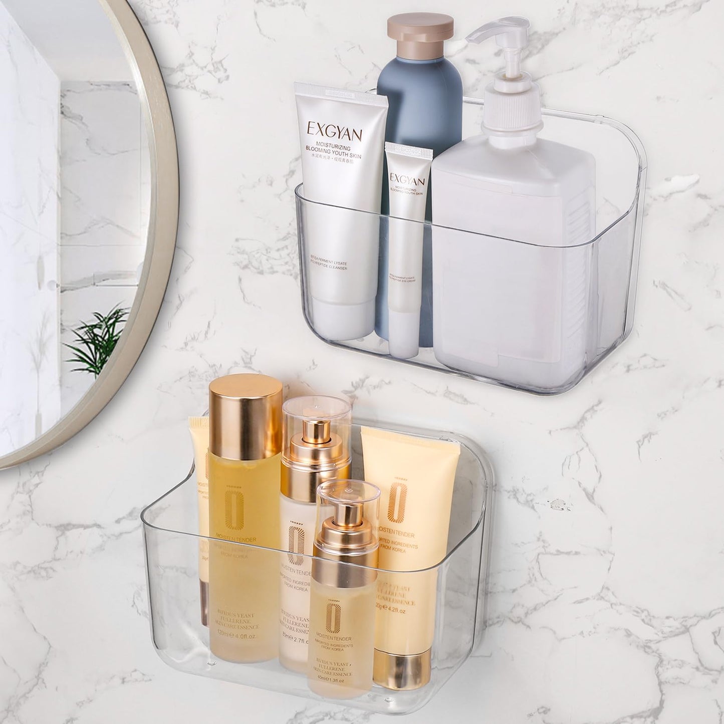 2PCS Bathroom Shelf No Drill, Plastic Shower Caddy, Self Adhesive Shelves, Clear Shower Basket, Acrylic Shelf 25kg Load Capacity, Small Shower Caddy