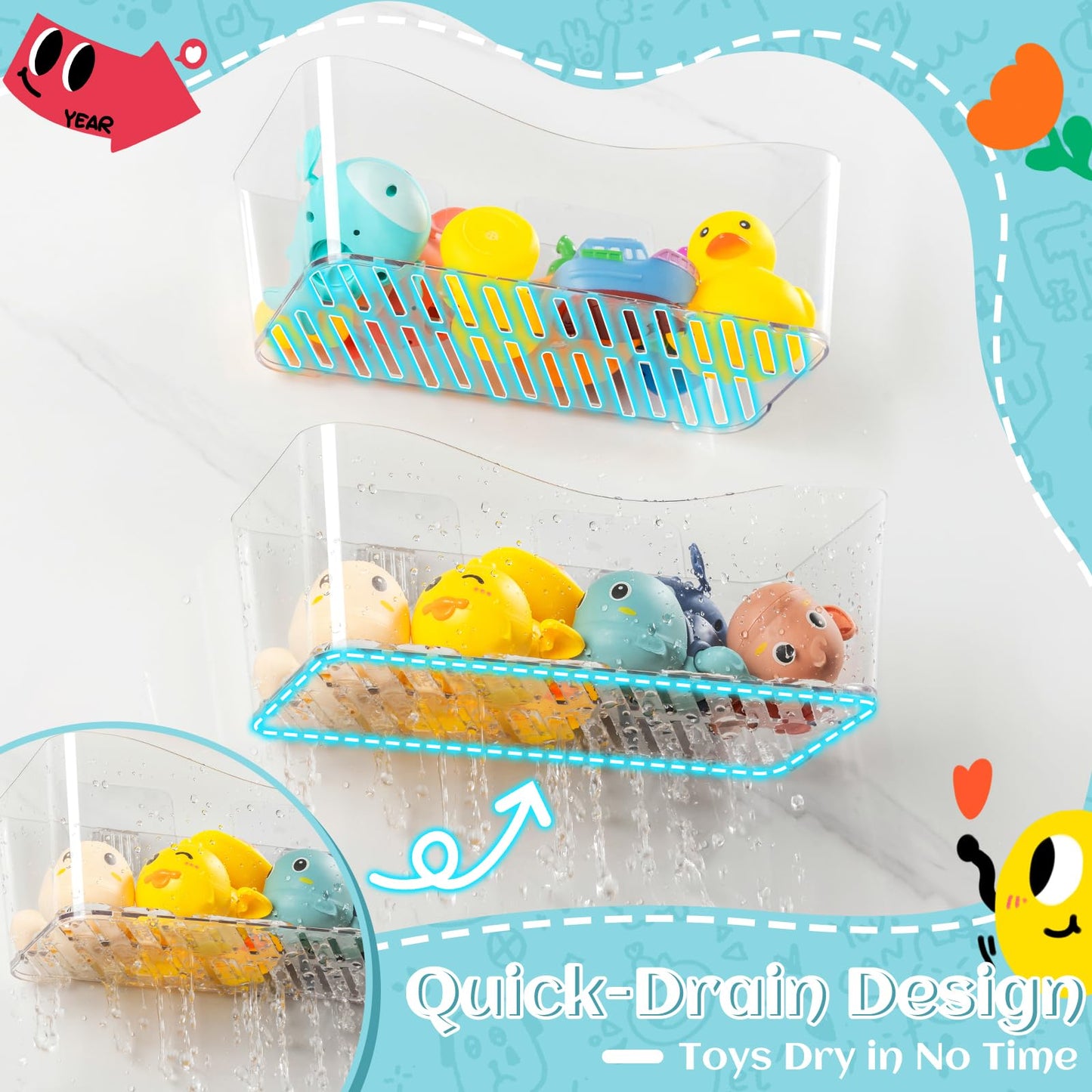 MIUKAA 2 Pack Large Bath Toy Storage Organizer, Clear Bathroom Toy Holder, Plastic Bathtub Toy Basket Quick Draining
