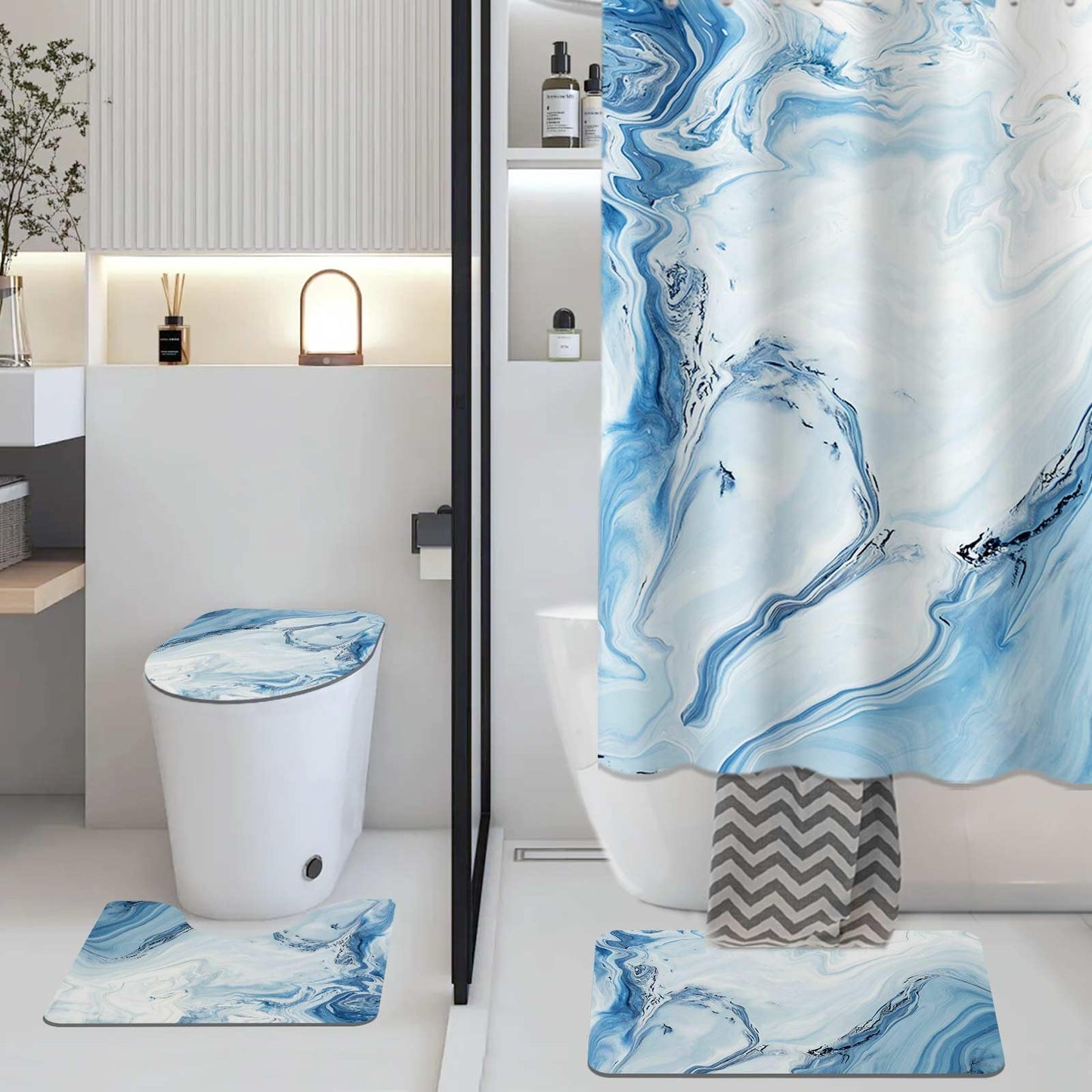 AIBIIN Marble Shower Curtain Sets 4 Piece Abstract Blue Shower Curtain Set with Non-Slip Rugs, Modern Toilet Lid Cover and Bath Mat