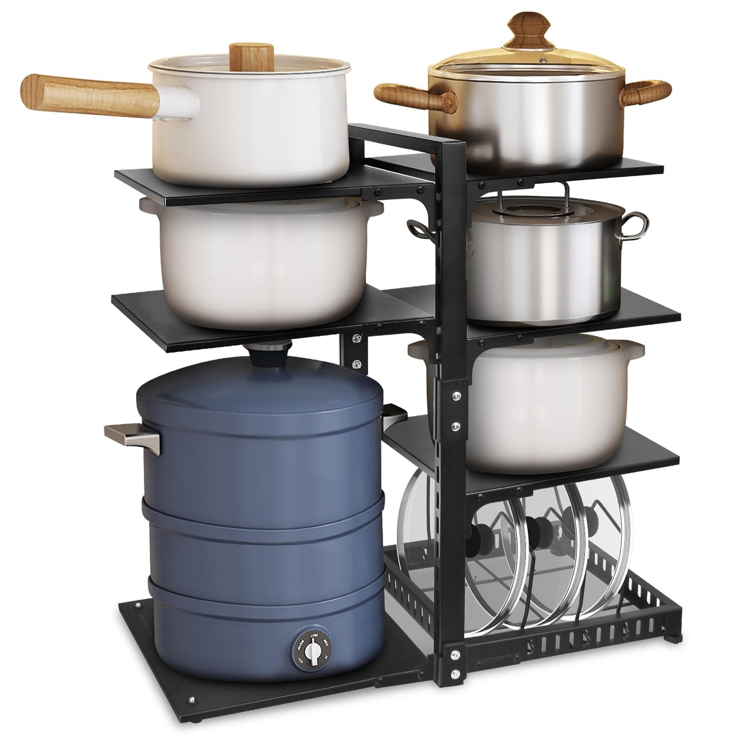 CASONNIK 6+1-Tier Adjustable Heavy Duty Pan Organizer Rack for Cabinet, Black Carbon Steel Kitchen Cookware Organizer