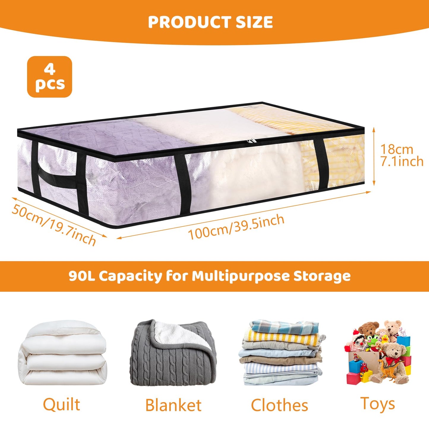 4 Pack 90L Under Bed Storage Bags Foldable UnderBed Storage Box, Clear PP