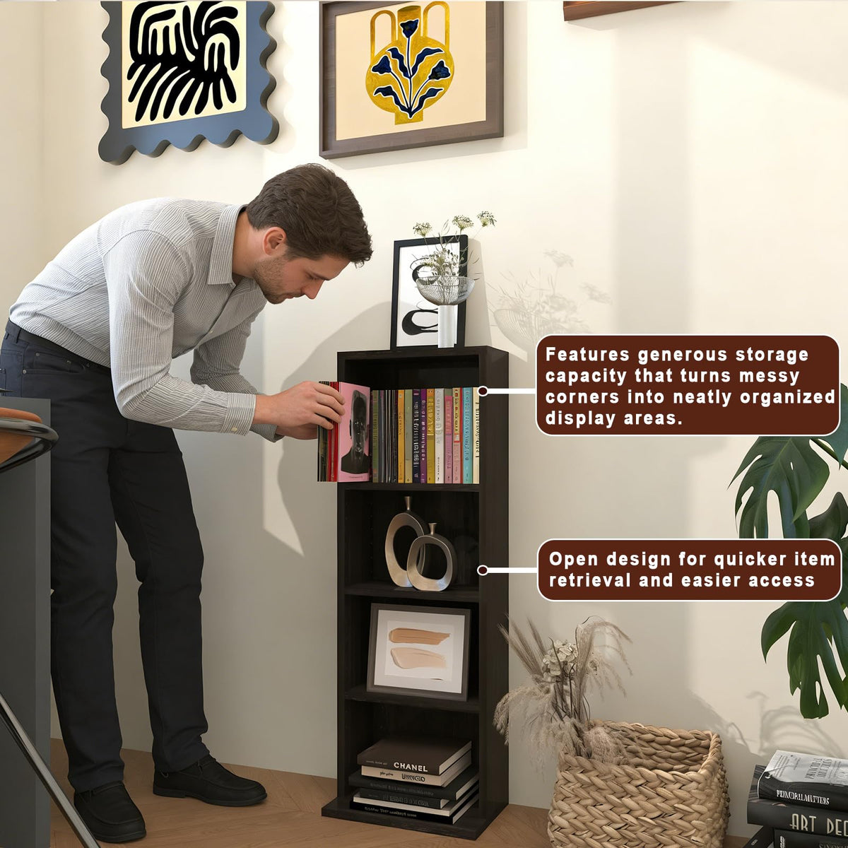 CTESNE 【Sturdy Build&Easy Assembly 4 Tier Wooden Book Shelf with Anti-Tipping Kits,Thick Frame Bookcase,Open Living Room Furniture,Book Case for