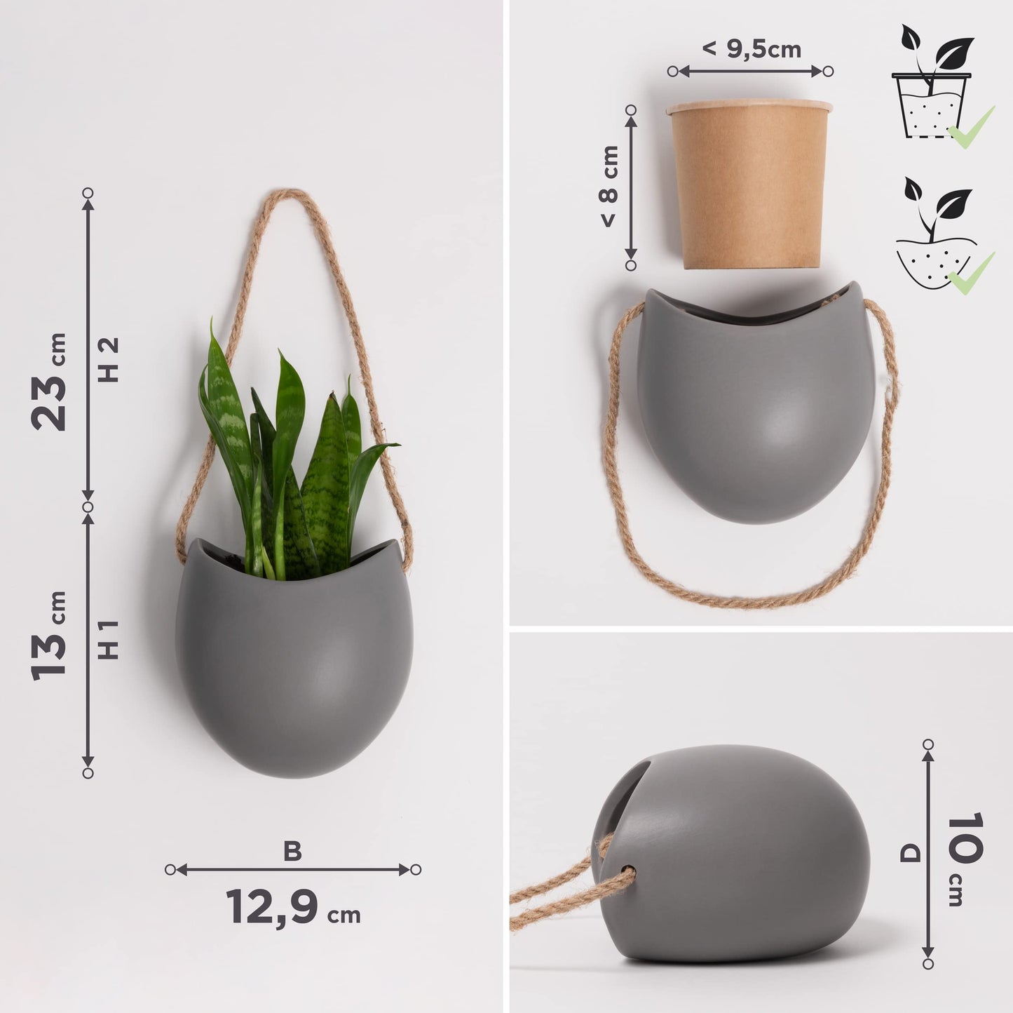 Kazai. Wall Planters -Ellie- | Hanging Ceramic Plant Pots, 3 Pieces, for Succulents and more | Wall Decoration for Indoors, Balcony and Garden | Grey