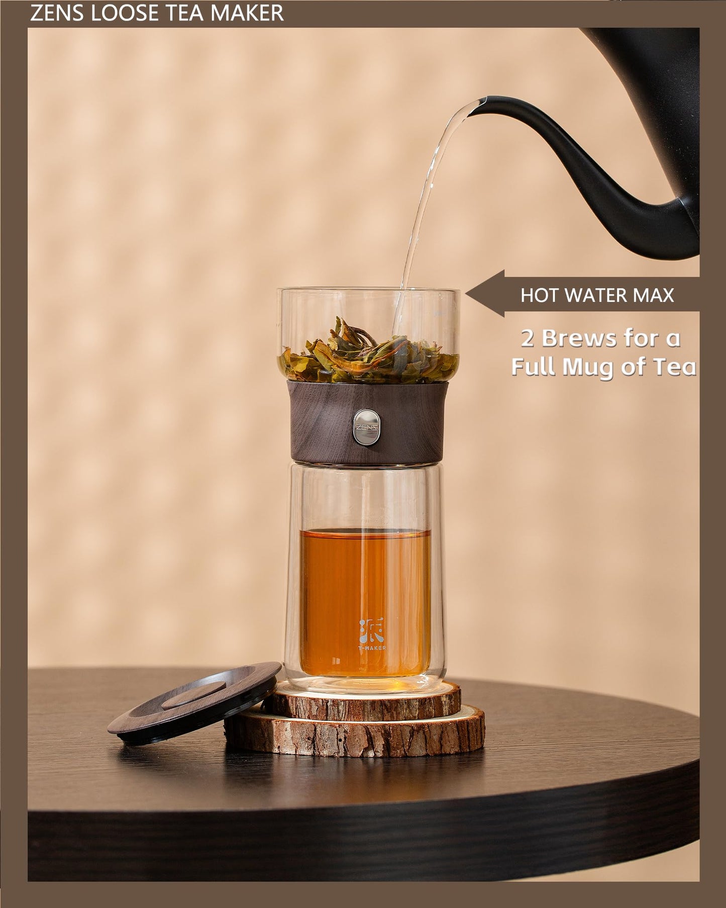 ZENS Modern Solo Tea Infuser Teapot, Smart One Touch Drip Tea Pot for Loose Tea Diffusers, Small Glass Gongfu Teapot with 270ml Insulated Cup and