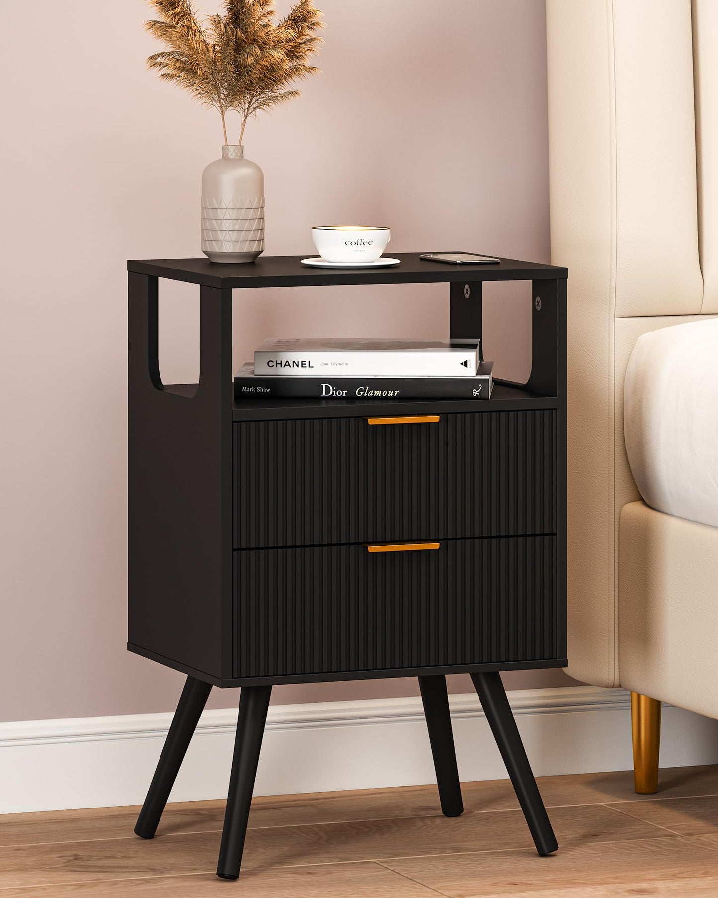 JERX Wooden Bedside Table, Nightstand with 2 Storage Drawer and Open Shelf Modern Bedside Cabinet for Bedroom,Black