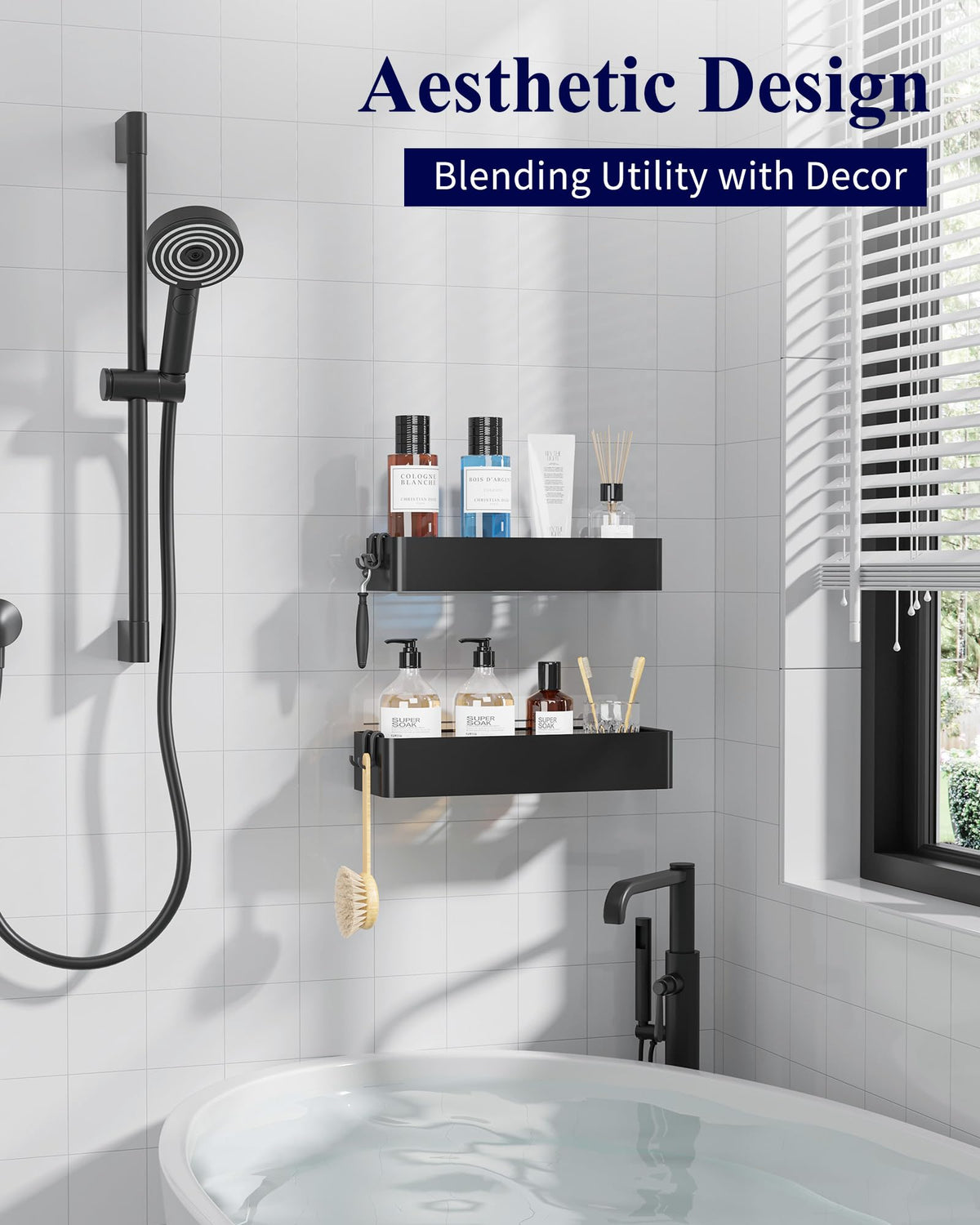 Kitsure Shower Caddy Adhesive, Quick-Dry Bathroom Organizer, Large, Black