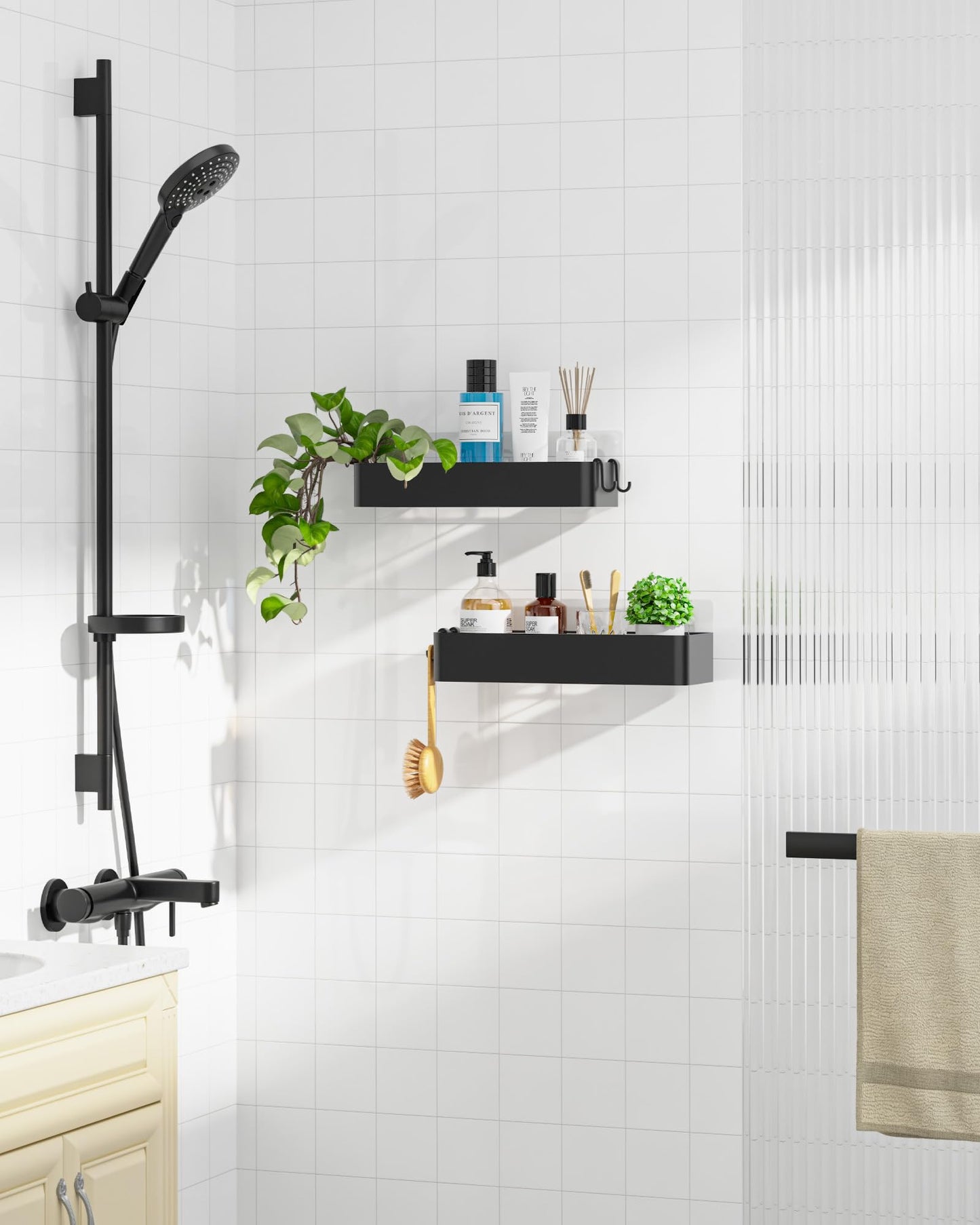 Kitsure Shower Caddy Adhesive, Quick-Dry Bathroom Organizer, Large, Black