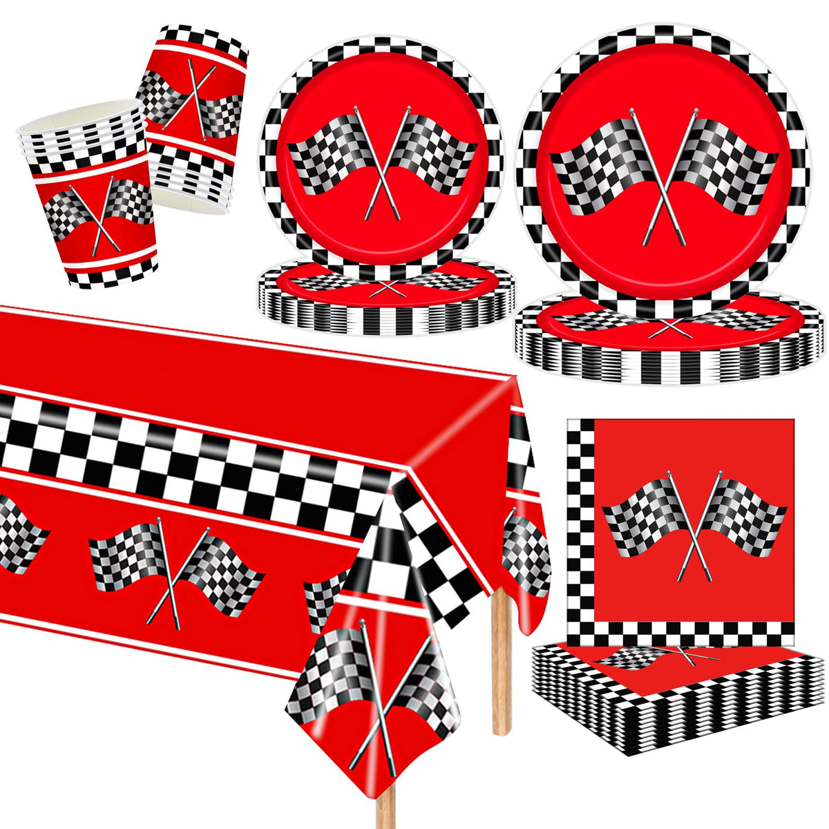 MORAINJAY 97 Pcs Racing Car Party Decorations,Black White F1 Checkered Flag Party Tableware Set,Birthday Paper Plates,Paper Cups,Napkins,for Kid