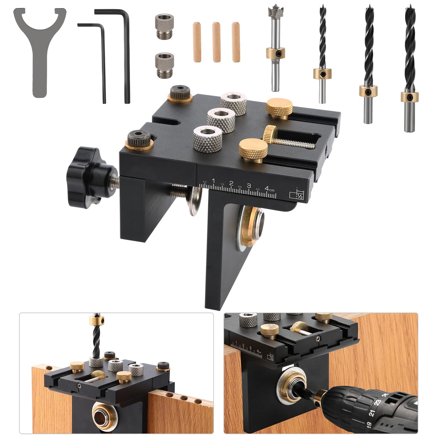 3 in 1 Pocket Hole Jig Kit,Woodworking Doweling Jig Kit with 6/8/10/15 mm Drill Bit for Straight Holes,with Positioning Clip Adjustable Drilling Guide